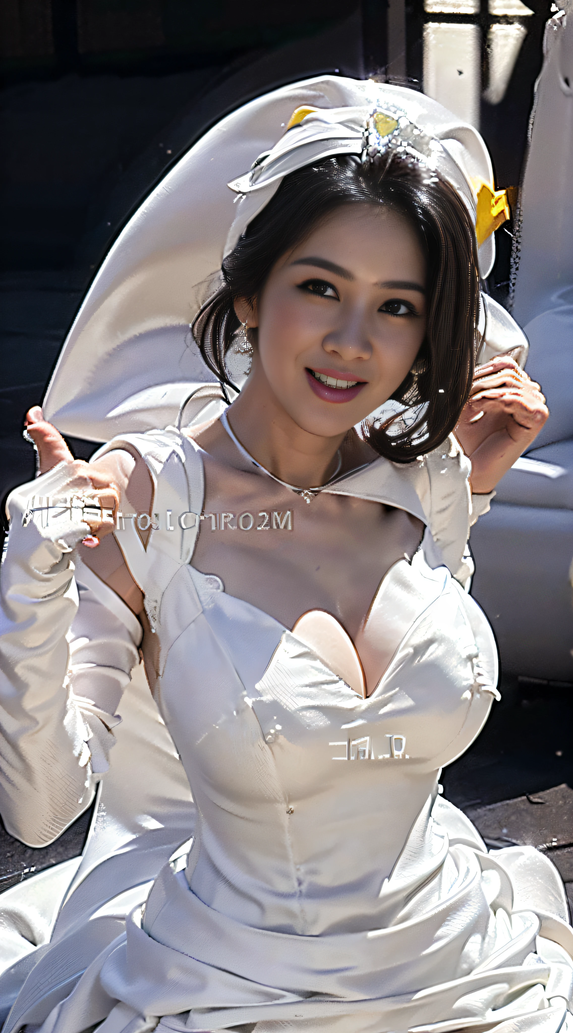 top-quality、Photorealsitic、8K、hight resolution、1girl in、white prom dresses、Wedding in the church、femele、Gravure Pose、(Chest exposed:1.9、Cleavage exposure:2)、a gorgeous、((Upper body 0.5、huge tit:1.8))、(((white prom dresses:2)))、(Short Bob:1.8、partedbangs:1.6)、Look at viewers、(1 Viewers looking into the eyes of a girl:1.6)、Photorealsitic、(bokeh dof)、(Floating hair、s lips、Open mouth:1.43)、a gorgeous、pureerosface_v1:1、