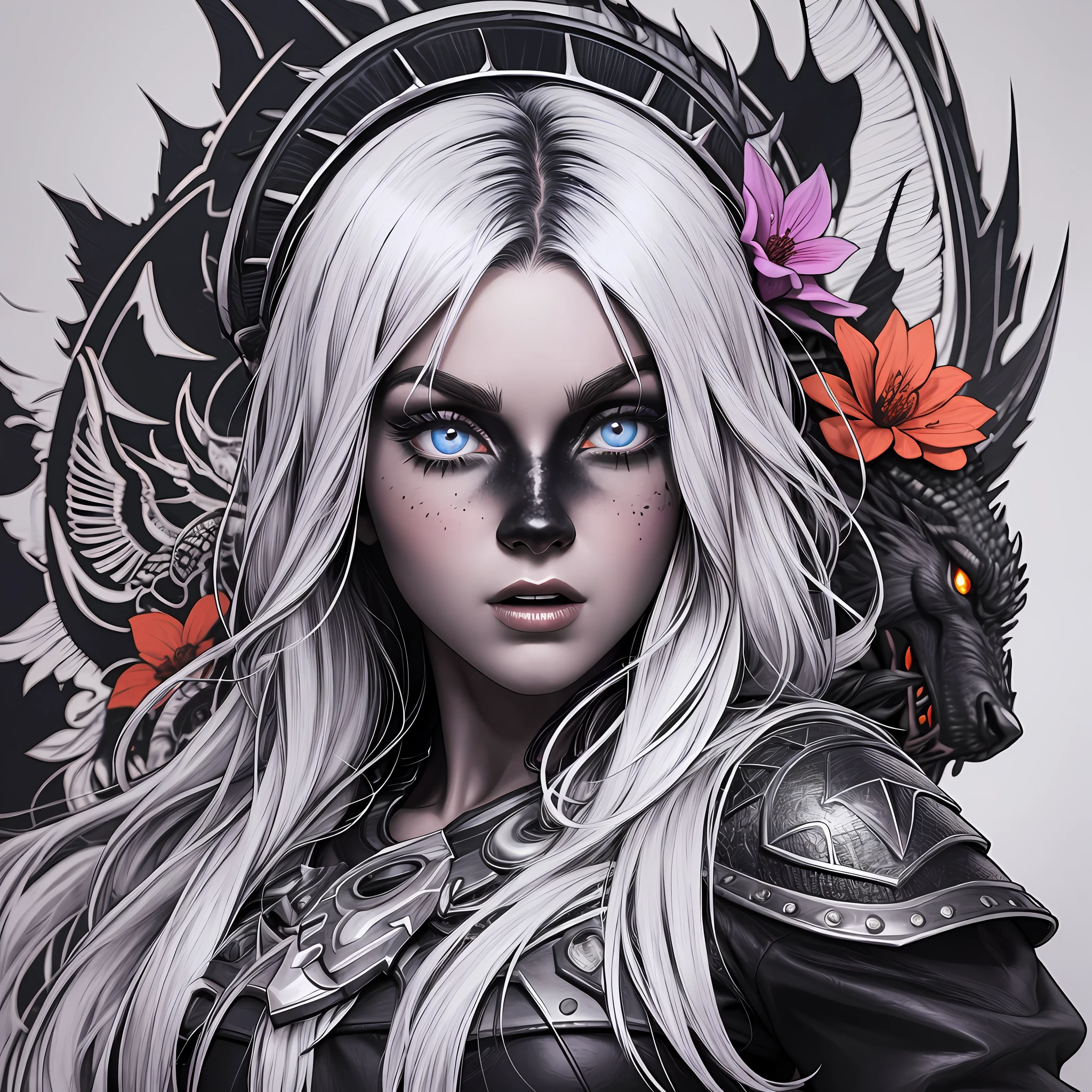 Crie uma estampa de camiseta de uma bruxa com cabelo branco lunar;, Detailed face with expression of malice and malice, pele brilhante, Foco em olhos detalhados, olhos dourados brilhantes, Armadura preta com uma capa vermelha, with a black dragon behind smelling flowers, Focus on the Dragon, fiction, Full-HD, foto 8k --auto