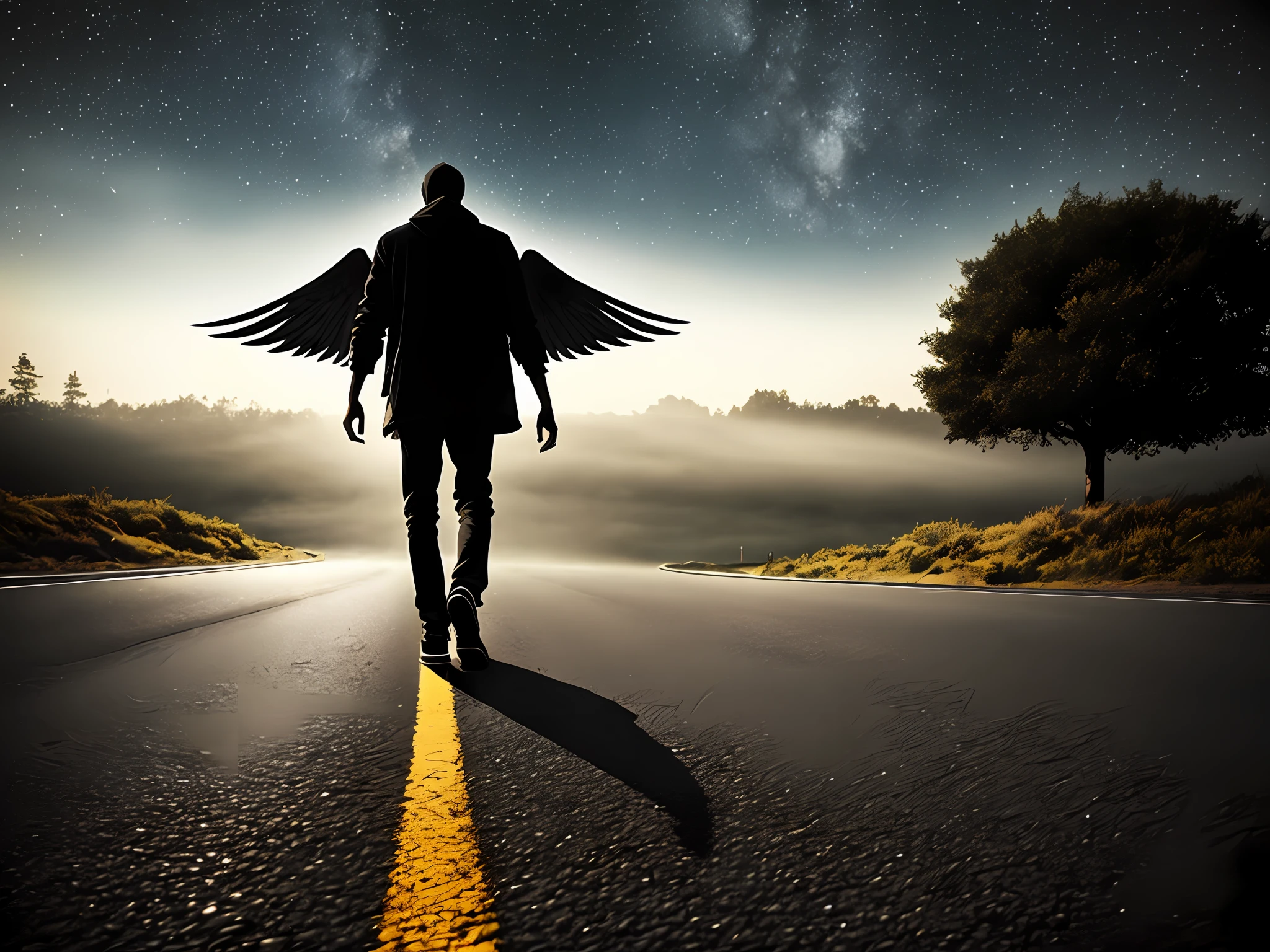 A road with an all-black creature with wings texture realistic skin in the background coming a School bus with the headlights on dusk starry sky a little mist depth field 1:1 ultra realistic great quality well detailed intricate masterpiece photorealistic canon t100 award-winning photo mysterious mysterious cinematic atmosphere excellent composition style Victor saves films