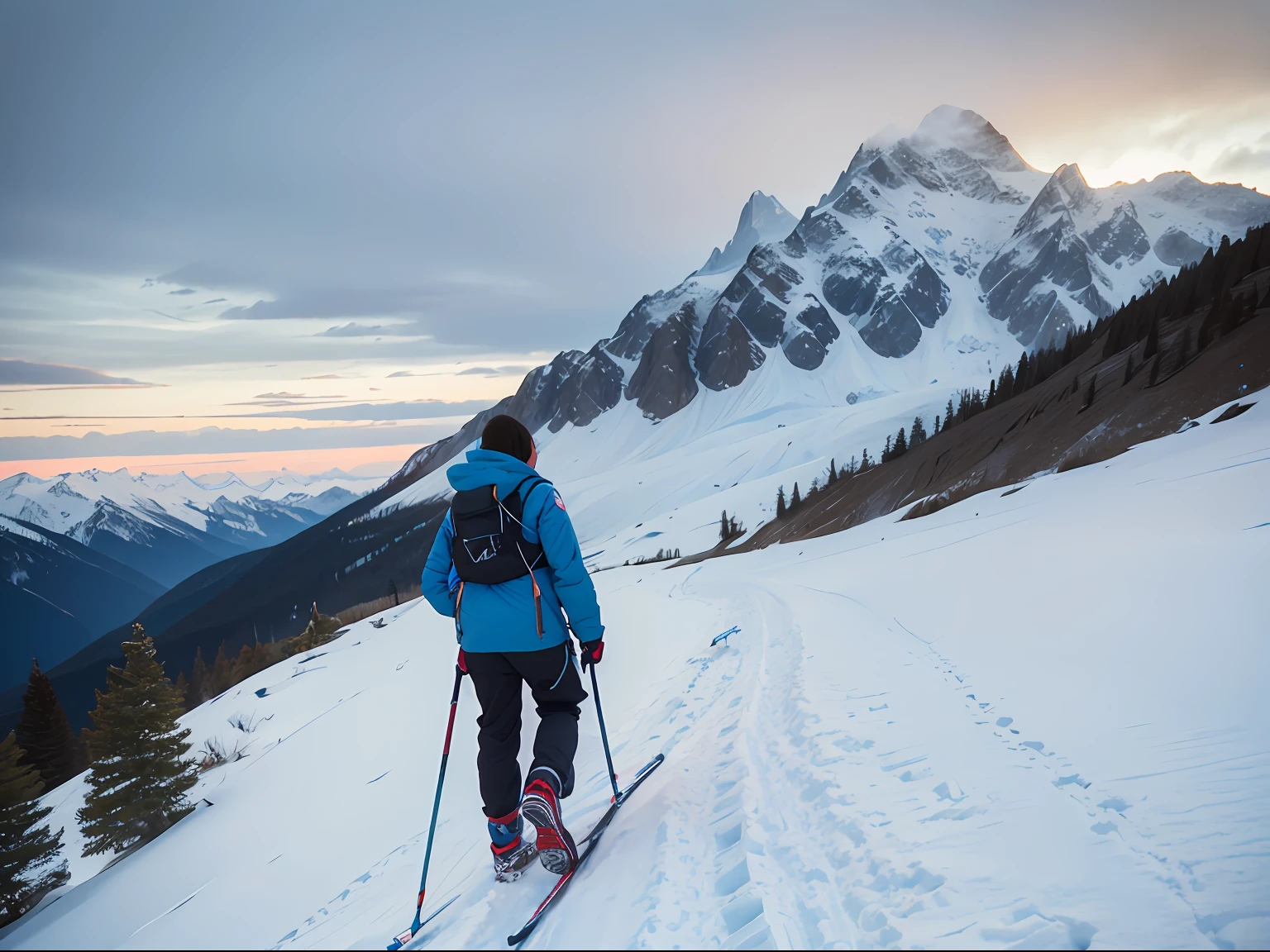One was wearing a blue storm jacket,A man with firm eyes,Travel alone on the Alpine snow,He braced himself on the ground with a probe pole,Step by step up the ladder,The tall mountain peaks are in stark contrast to his insignificance,The blue storm jacket is more energetic against the snowy mountains,It shows the spirit of bravely climbing the peak without fear of hardship --auto