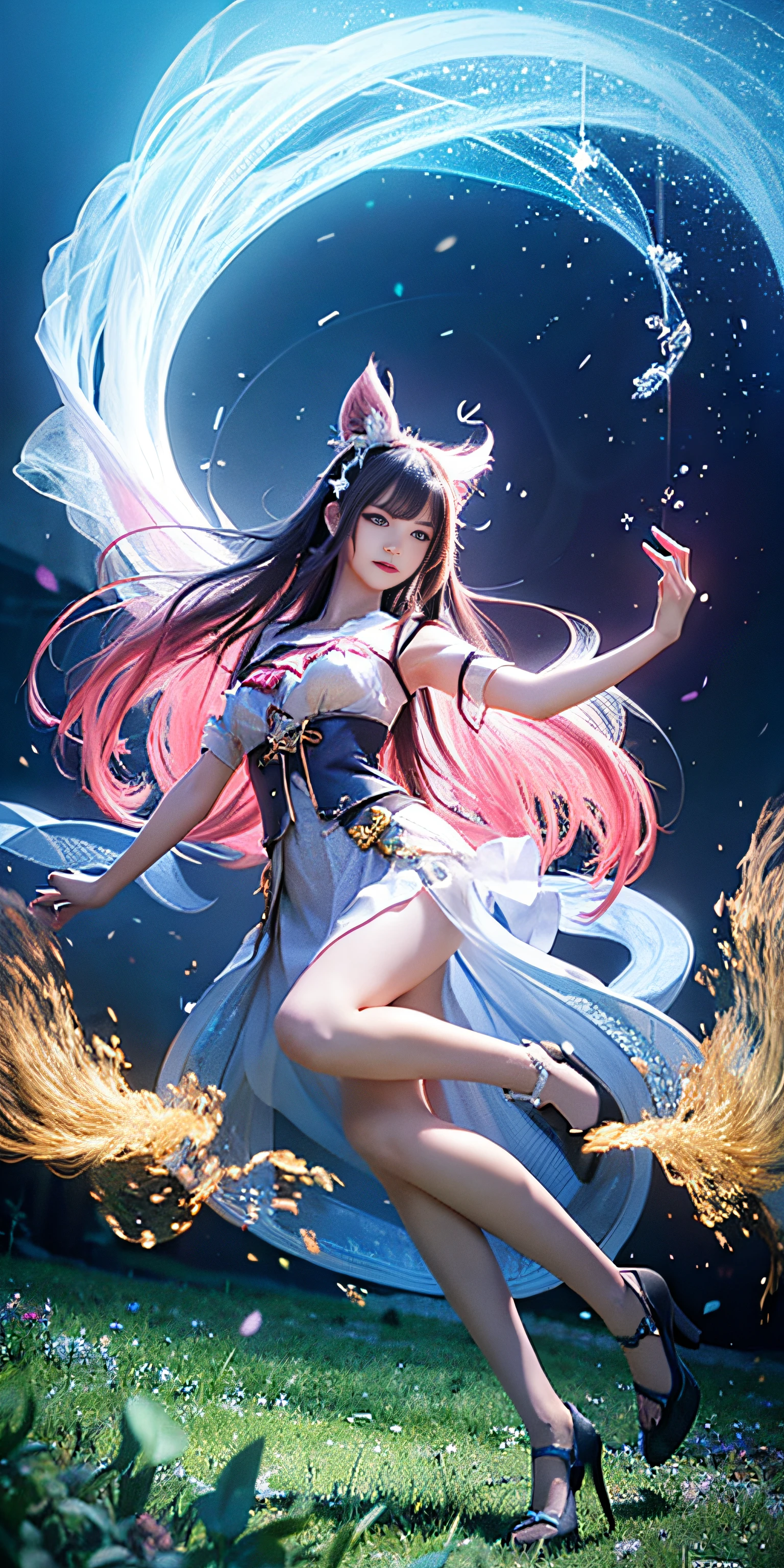 ahri, 1girl in, (Full body) Solo, 9 tails, flower  field, florals, (White smoke:1.3) (Photorealistic:1.4), Zentangle, mandalas, Entangle, Official art, Unity 8k壁纸, ultra-detailliert, Beautiful and aesthetic, masutepiece,Best Quality, (Dynamic Angle:1.4), Glowing skin, (floating colorful sparkles:1) Most Beautiful Form of Chaos, Elegant, a brutalist designed, vivd colour, Romanticism Depth of Field,