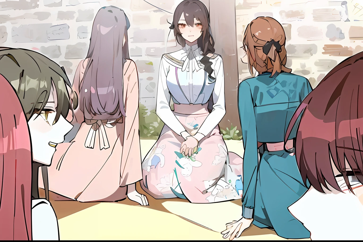 Anime image of a group of women sitting on the ground, visual novels CG, screenshot from the anime film, visual novel, style of madhouse studio anime, girls frontline style, animated still