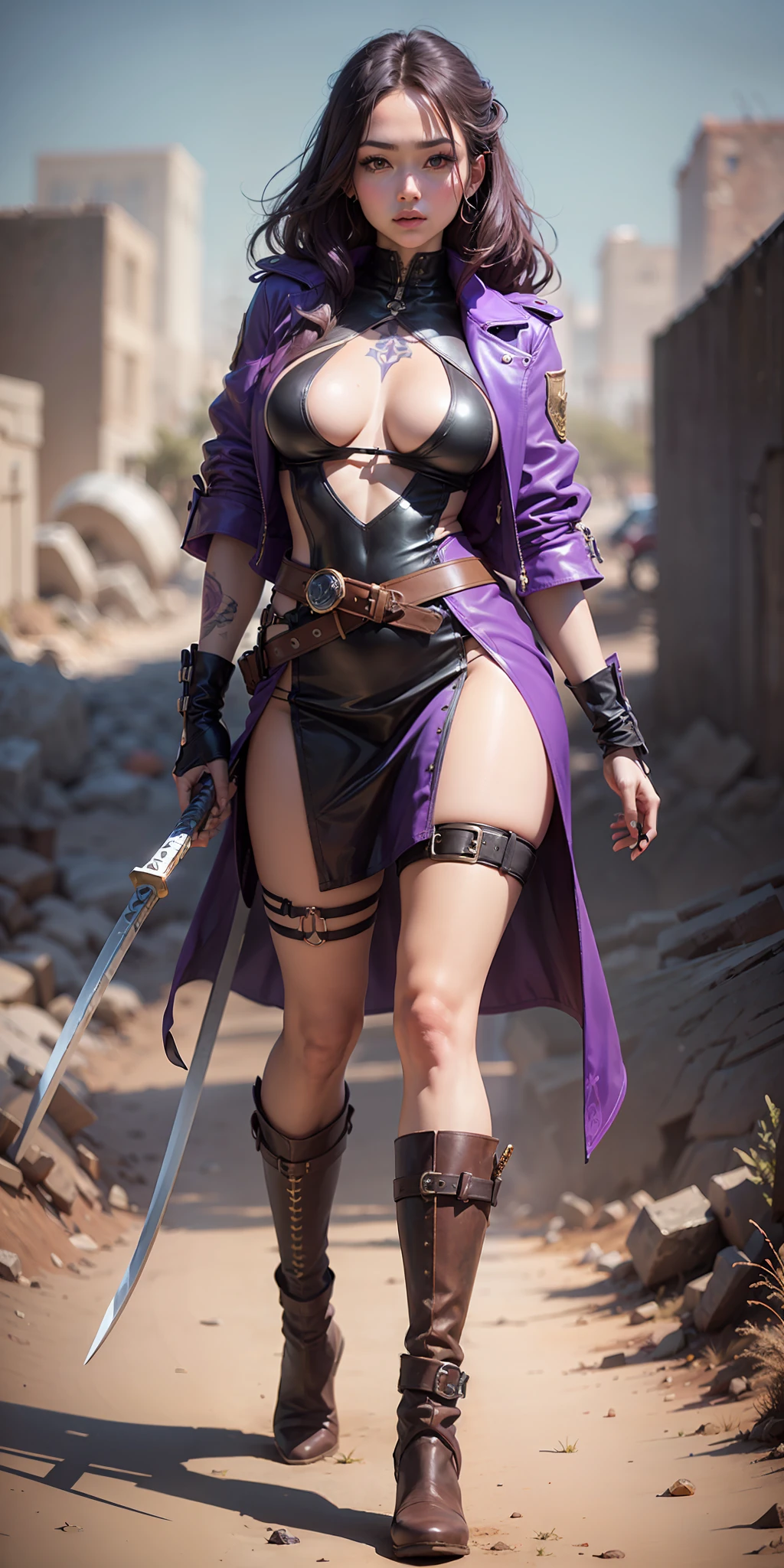 1girll，Gorgeous Hair in Long Purple，Purple one-piece skinny leather coat，Tattooed with，There is a red ribbon around the waist，Purple boots，The thigh has leg rings，There is a katana in the left hand，His right hand has a purple energy weapon，Hands full breasts, Convex buttocks, city ruins，holy rays，A desert，Detailed background, Clothing details, perfectly proportioned, filmgrain, Fuji colors, lightand shade contrast, tmasterpiece, high detal, high qulity, A high resolution, Cinematic lighting, 8K, Textured skin, Super detail