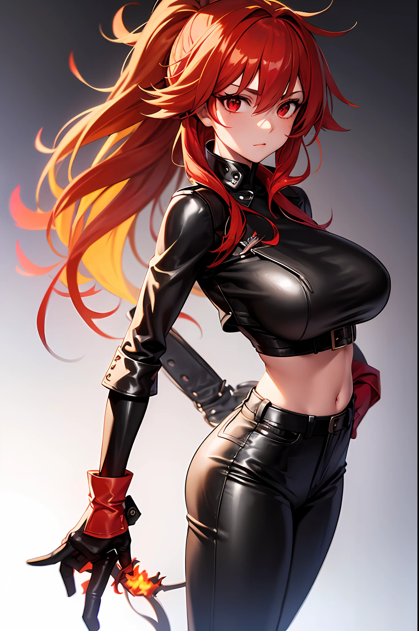 masterpiece, best quality, 1girl, long hair, big bust, very long red hair, messy hair, leather clothes, white long jacket, red and yellow hair, fire, fire hair, black pants, boots, gloves, red eyes, middle ponytail, good anatomy, detailed, detailed eyes, close up, from hips to head