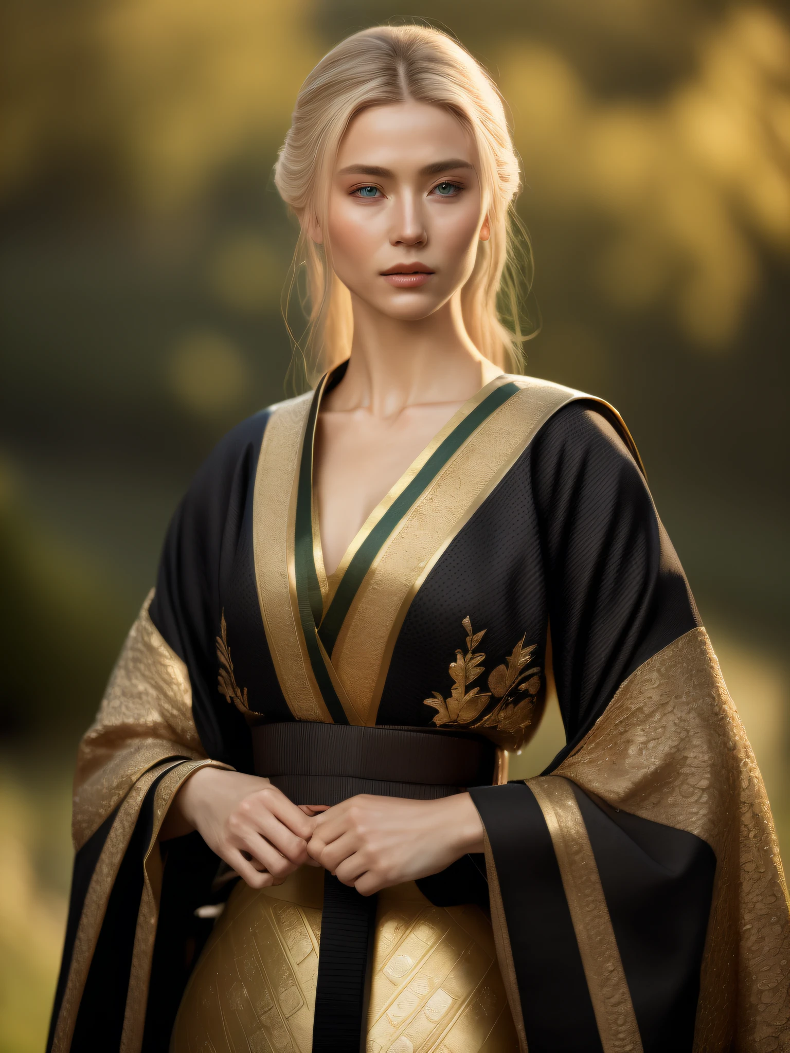 ((best quality, 8k, masterpiece: 1.3)) 1 woman, photo, thin body, beautiful body, beautiful face, blonde, green eyes, detailed skin, best quality, kimono, black and gold, full body, medieval, outdoor, ultra realistic environment, rich in details, soft light, volumetric lighting, cinematic