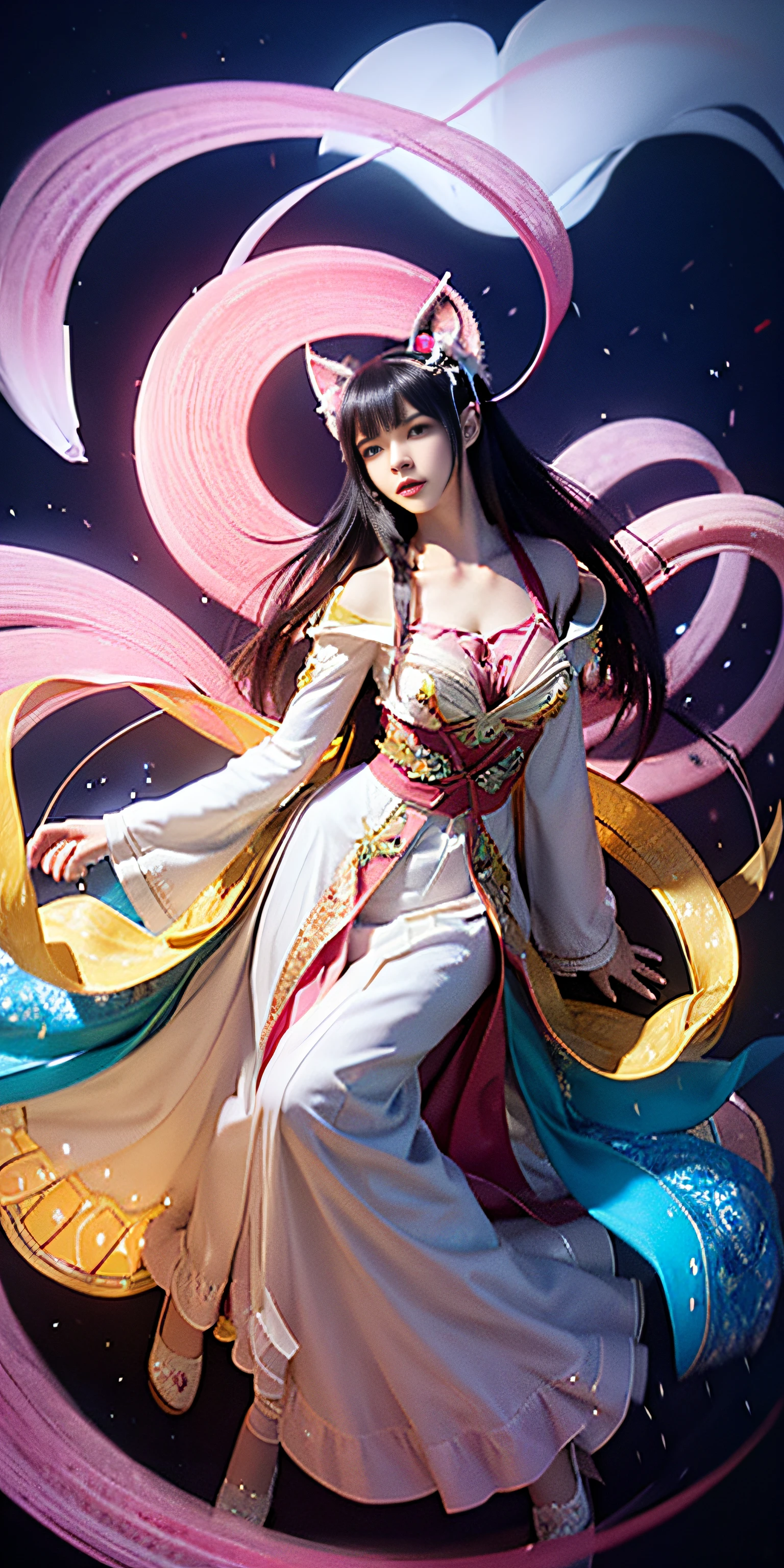 ahri, 1girl in, (Full body) Solo, 9 tails, flower field, florals, (White smoke:1.3) (Photorealistic:1.4), Zentangle, mandalas, Entangle, Official art, Unity 8k壁纸, ultra-detailliert, Beautiful and aesthetic, masutepiece,Best Quality, (Dynamic Angle:1.4), Glowing skin, (floating colorful sparkles:1) Most Beautiful Form of Chaos, Elegant, a brutalist designed, vivd colour, Romanticism Depth of Field,