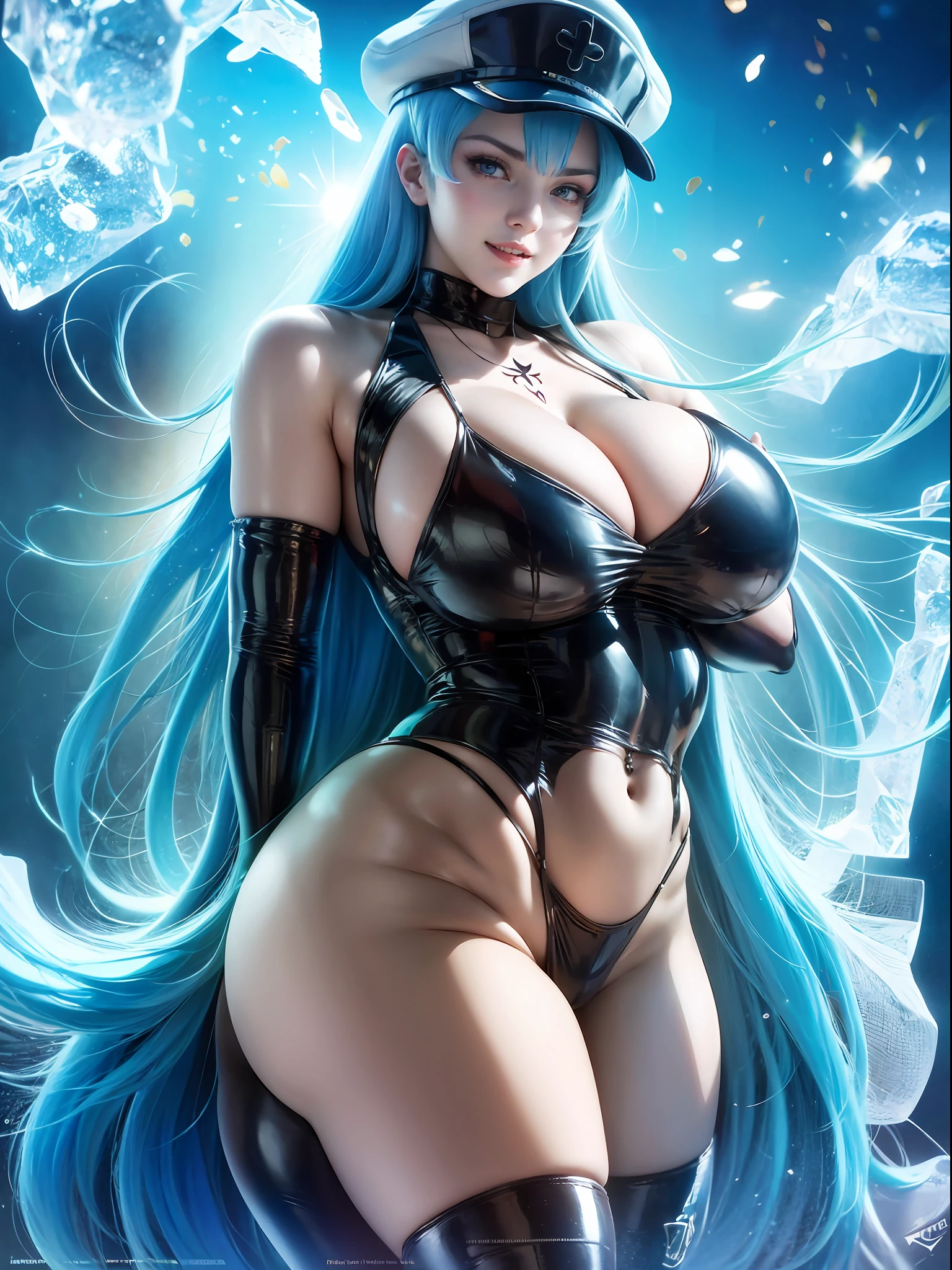 Photorealistic, Show from the hips to the shoulders, girl,Woman,Female, young, 20 years old, absurdly long hair, messy long hair, beautiful detailed cold face, Seductive smile, beatiful detailed eyes, Log Cabage,bright skin, White skin, highleg, Detailed ice, absurderes,High Art, Ridiculous resolution, High resolution, (masutepiece:1.4), super detailed, 1 Awkward Girl, Smooth skin, shiny milky skin, Colossal tits, Big ass , venusbody, doress、thick juicy thighs, 鎖骨, Cleavage Closed mouth, Smile, Cute face,Abs(, muscularwoman,)esdeath, white coat, esdeath, 1girl, solo, long hair, breasts, smile, blue eyes, large breasts, thighhighs, hat, cleavage, very long hair, blue hair, weapon, boots, sky, cloud, uniform, zettai ryouiki, military, military uniform, tattoo, thigh boots, crossed arms, white footwear, peaked cap, chest tattoo (masterpiece:1.2), (best quality), (ultra detailed), (8k, 4k, intricate),(full-body-shot:1), (highly detailed:1.2),(detailed face:1.2), (detailed background),detailed landscape, (dynamic angle:1.2), (dynamic), huge ass, huge boobs, ice background
