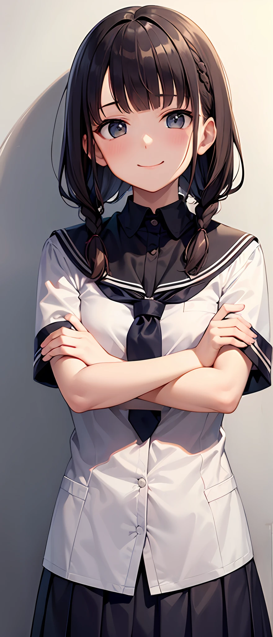 best quality,masterpiece,school uniform, look down on, upper body,hair strand,Fair skin,french braid,smile,blunt bangs,gladient hair,left sideburn is longer than right one,front view of the body,loosen clothing around the neck,folding arms,4 fingers