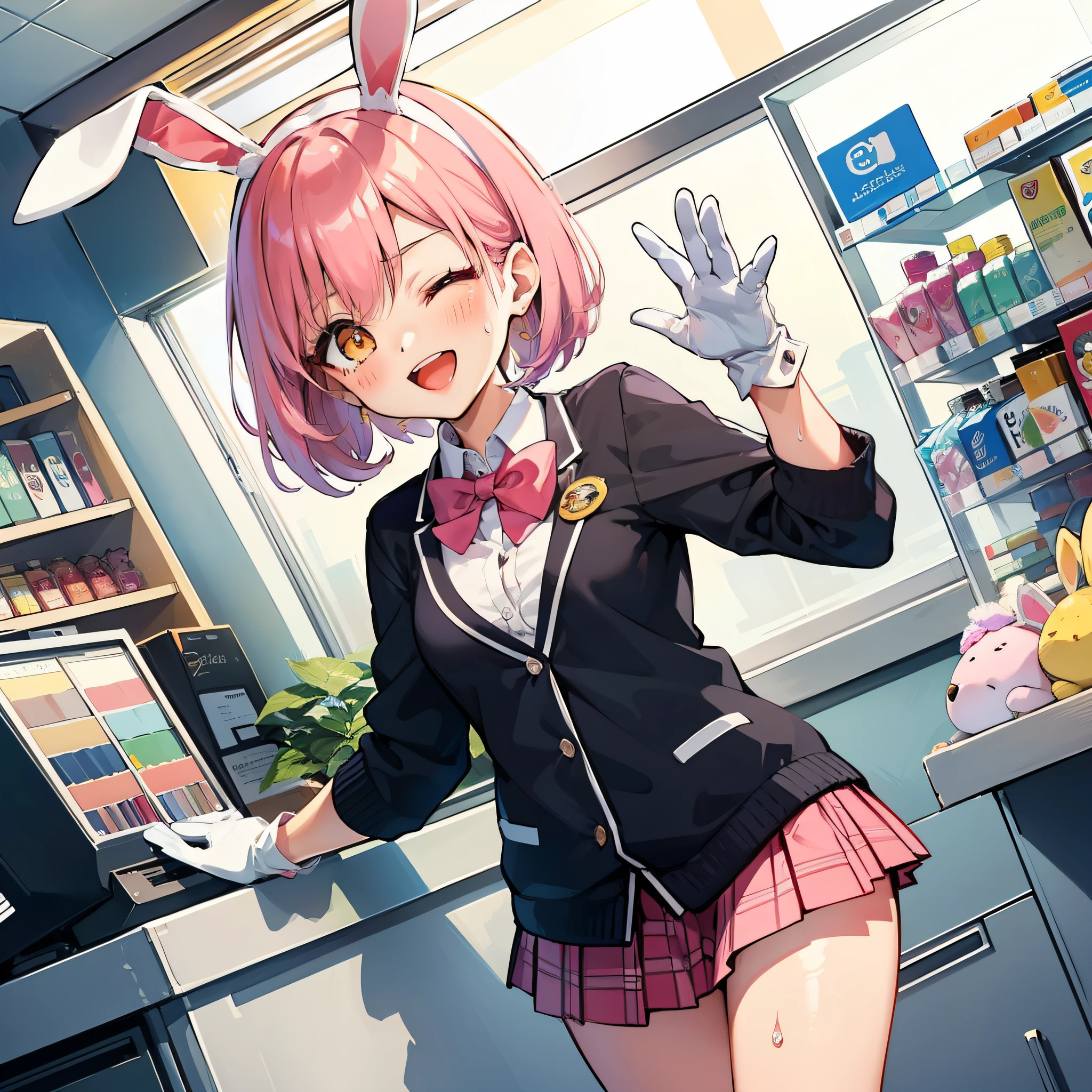 (:D:1.2),One girl. (masutepiece, of the highest quality, Kyoto Animation Style Illustration, of the highest quality, Official art, aesthetics, Beautiful details, :1. 2), BREAK, ( girl), Very detailed, colourfull, highest details, BREAK, (medium breasts),(Orange Eyes:1.2),(girl, Cute, Graceful, Loli face,Piair,a short bob,tareme, gleaming skin, Hugging a stuffed rabbit, Playboy Bunny,(Suit Style, Short suit skirt,long lace white gloves wet with sweat, Black cardigan:1.1), High socks with pink and yellow stripes,Pink Bunny Years Hair Band,BREAK,(Holding a mug),Coffee,(one eye closed), Waving hands,Standing with a smile,(closes mouth),Open legs,Angle from below,Skirt flips up with a cold,Strap panties visible,BREAK,In front of the convenience store cash register,Being in front of the cash register,Have new pants,Multiple guests,The high school boy behind me is embarrassed,Capacity of women with bemused faces,