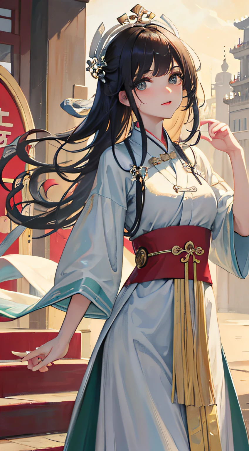Master works, better quality, higher quality, high resolution, 8 k resolution, high detail, delicate facial feature, perfect face, female, single, watery big eyes, long eyelashes, bang, light volume, bust, beautiful girl, facing the viewer, red, song dynasty hanfu, tang dynasty, hanfu, floral, the imperial palace, the palace, the palace, the steps and glittering.