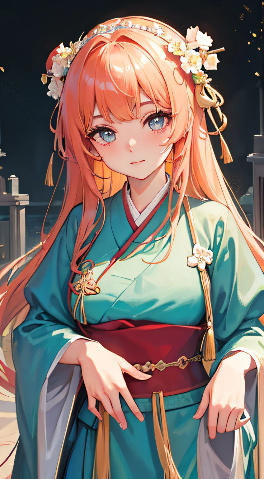 Master works, better quality, higher quality, high resolution, 8 k resolution, high detail, delicate facial feature, perfect face, female, single, watery big eyes, long eyelashes, bang, light volume, bust, beautiful girl, facing the viewer, red, song dynasty hanfu, tang dynasty, hanfu, floral, the imperial palace, the palace, the palace, the steps and glittering.