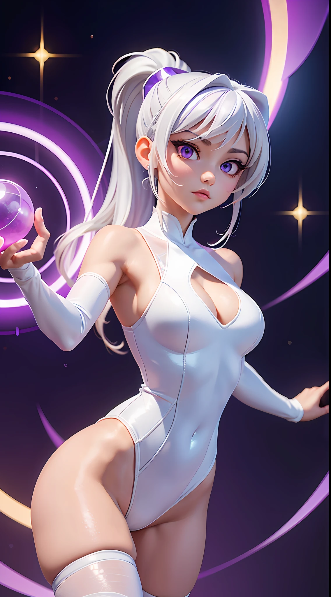((Masterpiece)), best quality, absurderes, ultra detailed, holographic, cowboy shot, dynamic pose, golden ratio, super cute girl, mature girl, extremely beautiful, super beautiful Asian girl with super beautiful violet eyes, super beautiful white hair, shiny skin, high ponytail, nice and sexy body, slim and delicate body, perfect body, wearing a super tight white leotard, a neon cat diadem, being photographed in an alien spaceship