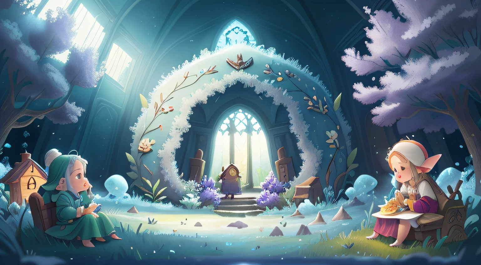 There is a chapel，There is a heart-shaped window in the middle, Inspired by Alison Kinnelld's digital renderings, Trend of CGsociety, Digital art, Comfortable charming scene, fantasia de cena de inverno, beautiful render of a fairytale, elves house, illusory engine ; romantic motifs, romantic storybook fantasy, Beautiful digital artwork, very magical and dreamy, dreamy and detailed