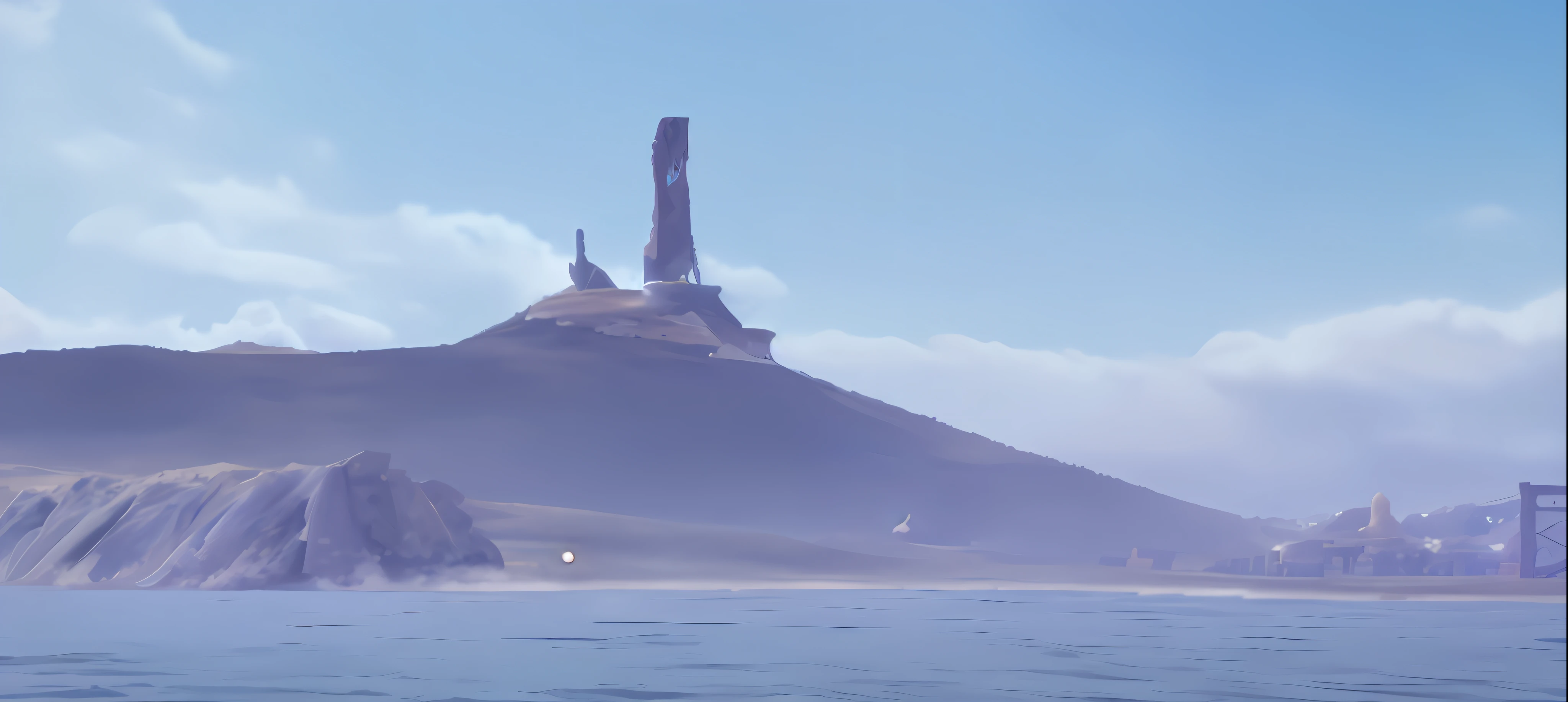 There is a big mountain,There is a tower on the top of the hill, mage tower far away, Ghost giants on the horizon, Mysterious Island, Destroyed alien buildings, Loneliness in the distance, game screenshot, stardestroyer in the background, an island in the background, A scene from the《Chronicles of the Blade of the Other》, Far - medium - lens, spaceship in background, painted tower of the moon