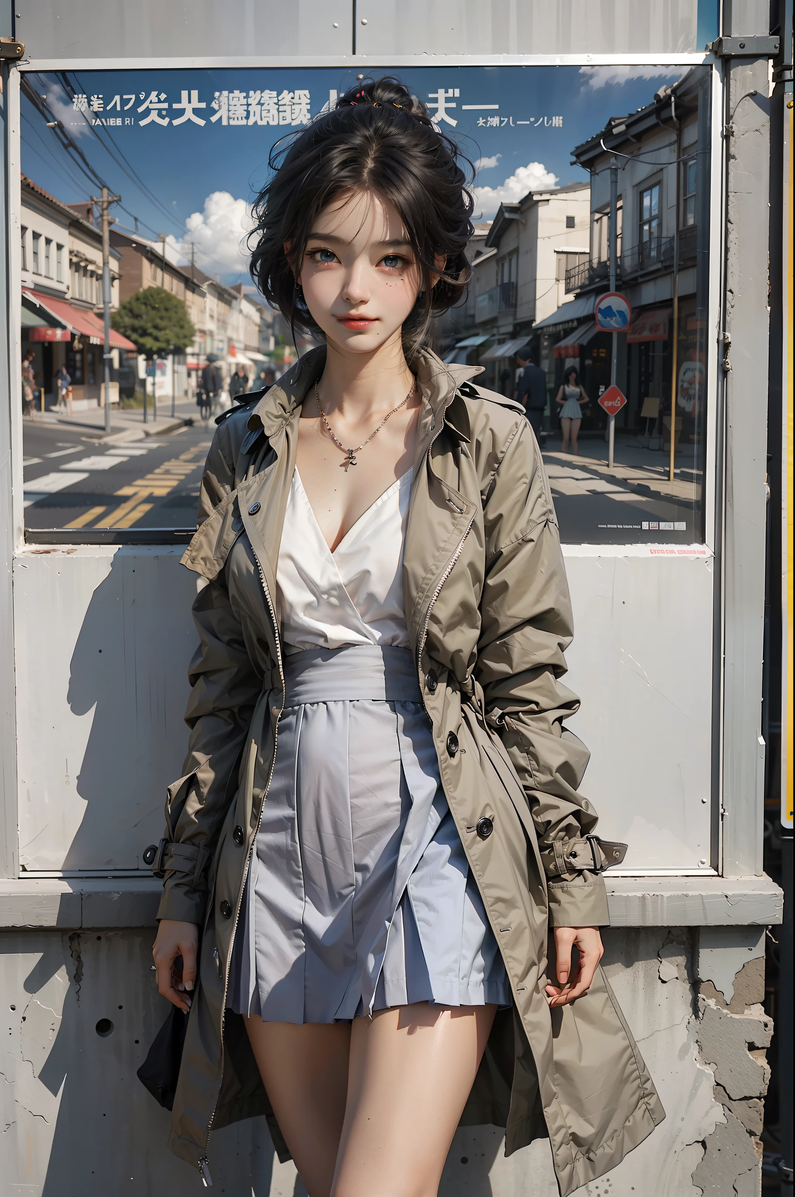 one-girl,Girl in trench coat and skirt in front of poster,Cute, Very aesthetic,Realistic style anime,ssmile,self-assured,tmasterpiece,HighestQuali,8K