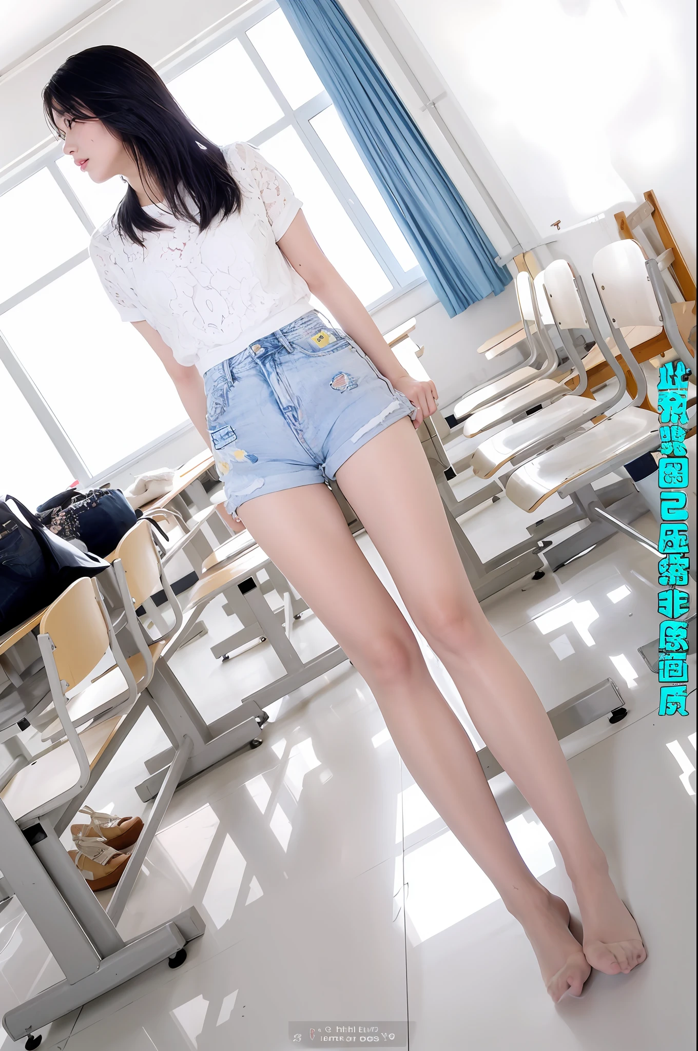 A woman stood in the classroom,Wear a pair of high heels, sexy girl wearing shorts, ( ( ( Wearing jeans ) ) ), Long thin legs, very beautiful long slim legs, legs visible, very beautiful slim legs, reluvy5213, hot pant, photo of slim girl model, short jeans pants, denim short, Beautiful slim legs,Flesh-colored stockings