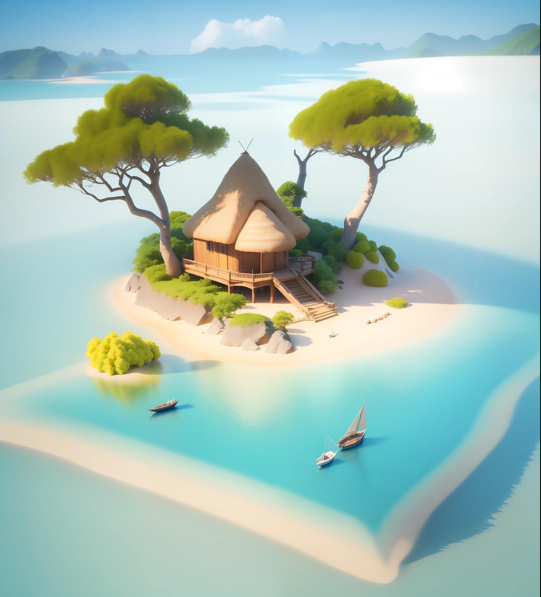 Arafeld Island,There are thatched huts and sailboats, tropical island, stylized 3d render, Island background, realistic 3 d style, gorgeous 3d render, 3D illustration, 3 D 插图, beautiful 3d render, Floating island, isometric 3d fantasy island, in style of 3d render, floating and flying island