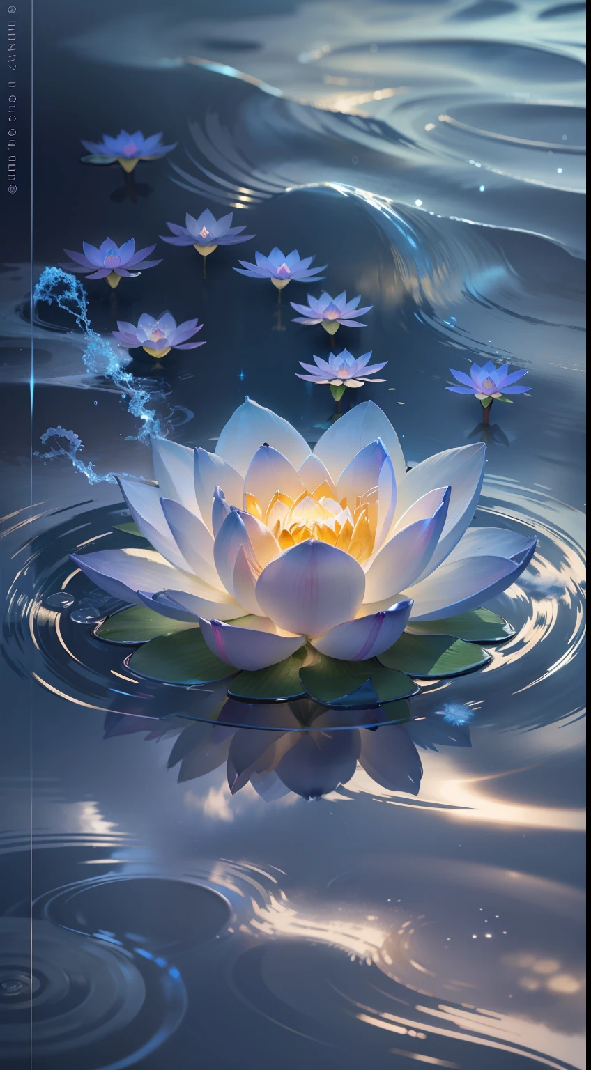 A large crystal clear lotus flower,  {blue white colors}Fire，Swaying water ripples（inverted image），Lightning ions，Light effects，Extreme CG，Blizzard style art trends，Diffuse luminous fog Noctilucent particles，Bright volumetric lamp，diffused reflections，Cobalt blue and reflective gold，The light of the Buddha shines，Quiet and peaceful - AR 9:16 --s 750 --v 5.2