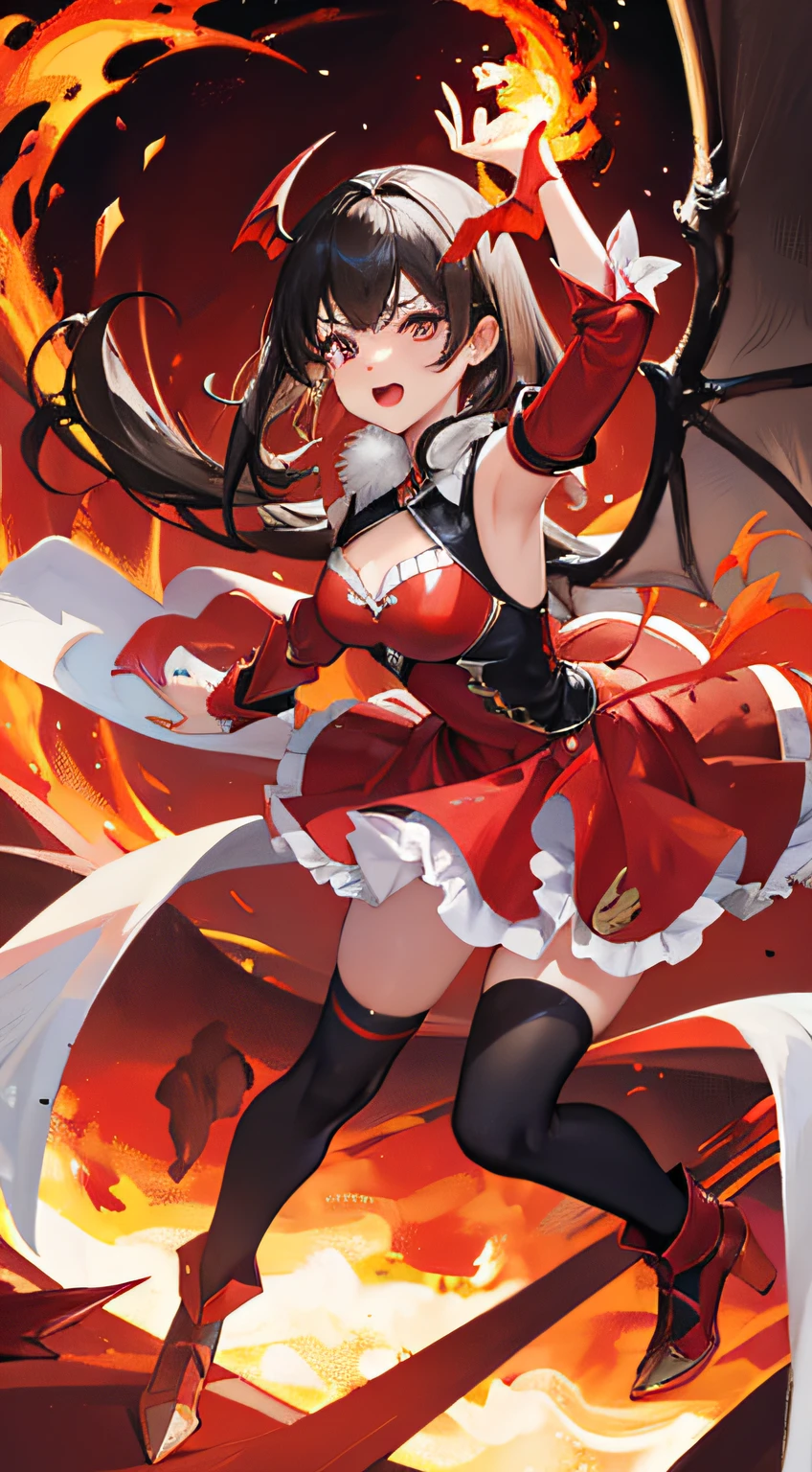 absurdres, highres.BREAK.(doragon girl:1.3), doragon (horn:1.2), fantasy, doragon devil (wings:1.3), spred wings, (glare at viewer), (angry), growing eyes, (scaly armor:1.3) red dress, (roar:1.2), open mouth, fang, dynamic angle, magical fire effect, (claw pose:1.2), (fullbody), open legs, standing,.BREAK.background is Erupting volcano, fire, burst of flame, explosion.BREAK.(solo:1.5).
