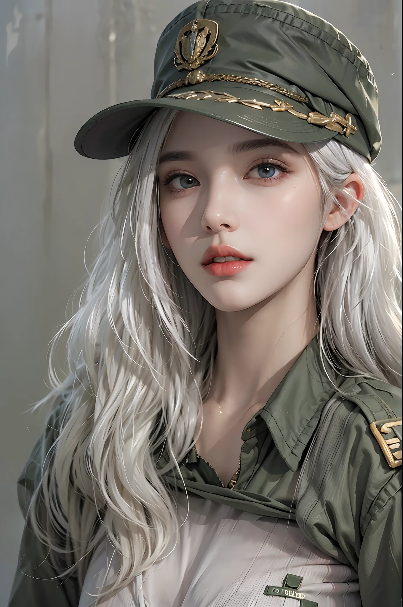 photorealistic, high resolution, 1 woman, hips_up, beautiful eyes, white hair, long hair, military uniform, hat