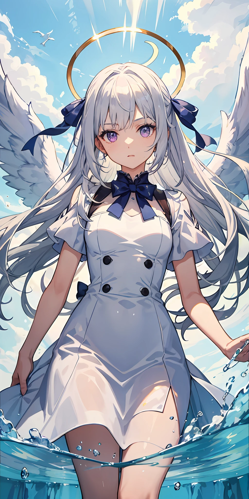 ((the best ever)), ((top-quality)), The girl was expressionless, Angel, Animated, The upper part of the body_Body, Very long hair, Hair intake, White hair floating messily, Beautiful face, extremely detailed cute anime face, Purple eyes, bow ribbon, Halo, angel wing, white_Dress, flowingwater, Detailed ice, Surreal, Facing the front,
