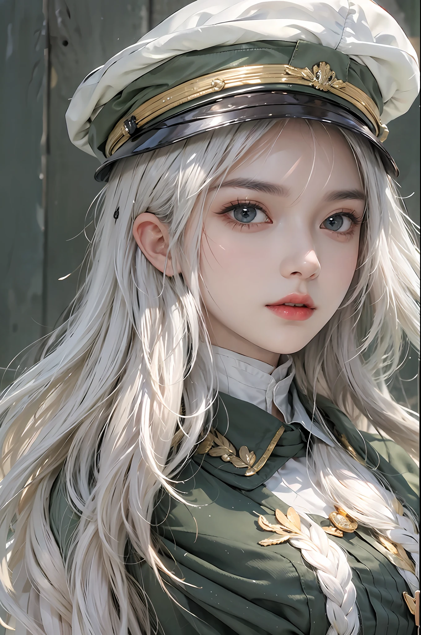 photorealistic, high resolution, 1 woman, hips_up, beautiful eyes, white hair, long hair, military uniform, hat