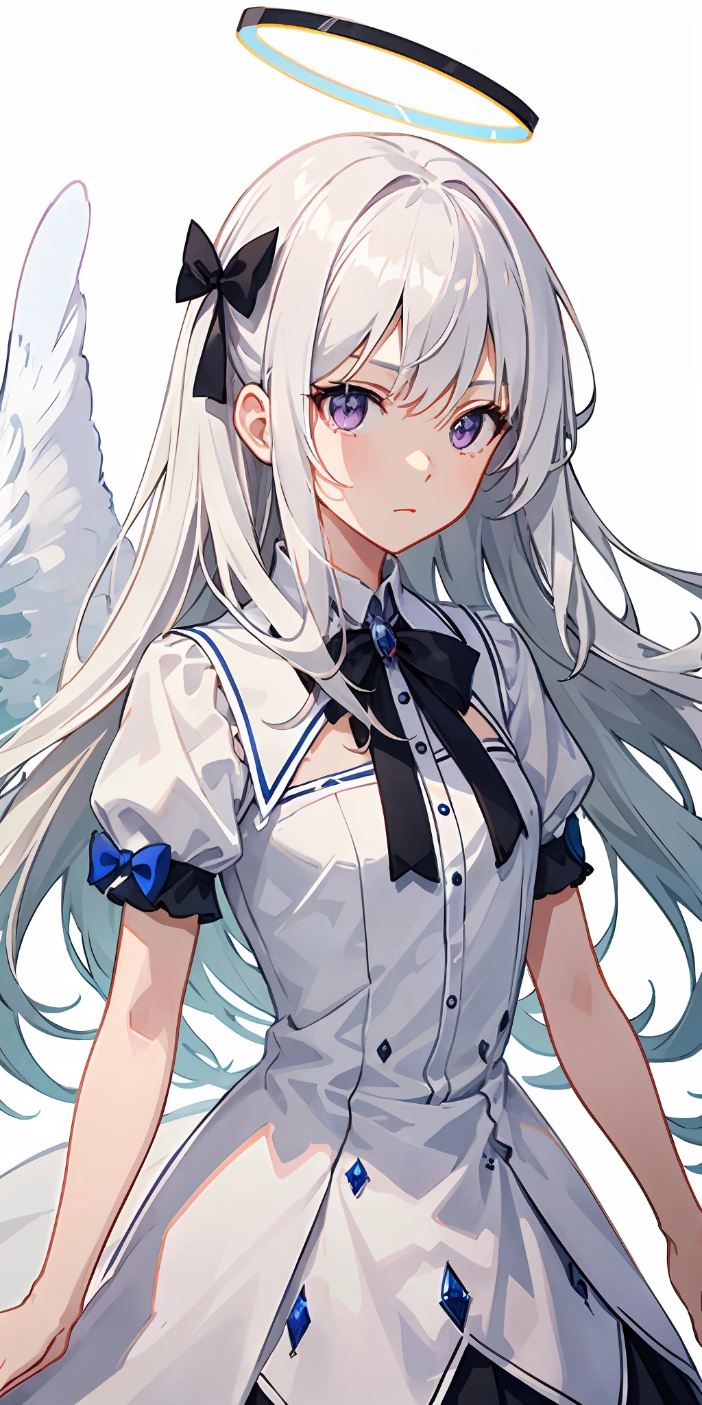 ((the best ever)), ((top-quality)), The girl was expressionless, Angel, Animated, The upper part of the body_Body, Very long hair, Hair intake, White hair floating messily, Beautiful face, extremely detailed cute anime face, Purple eyes, bow ribbon, Halo, angel wing, white_Dress, flowingwater, Detailed ice, Surreal, Facing the front,