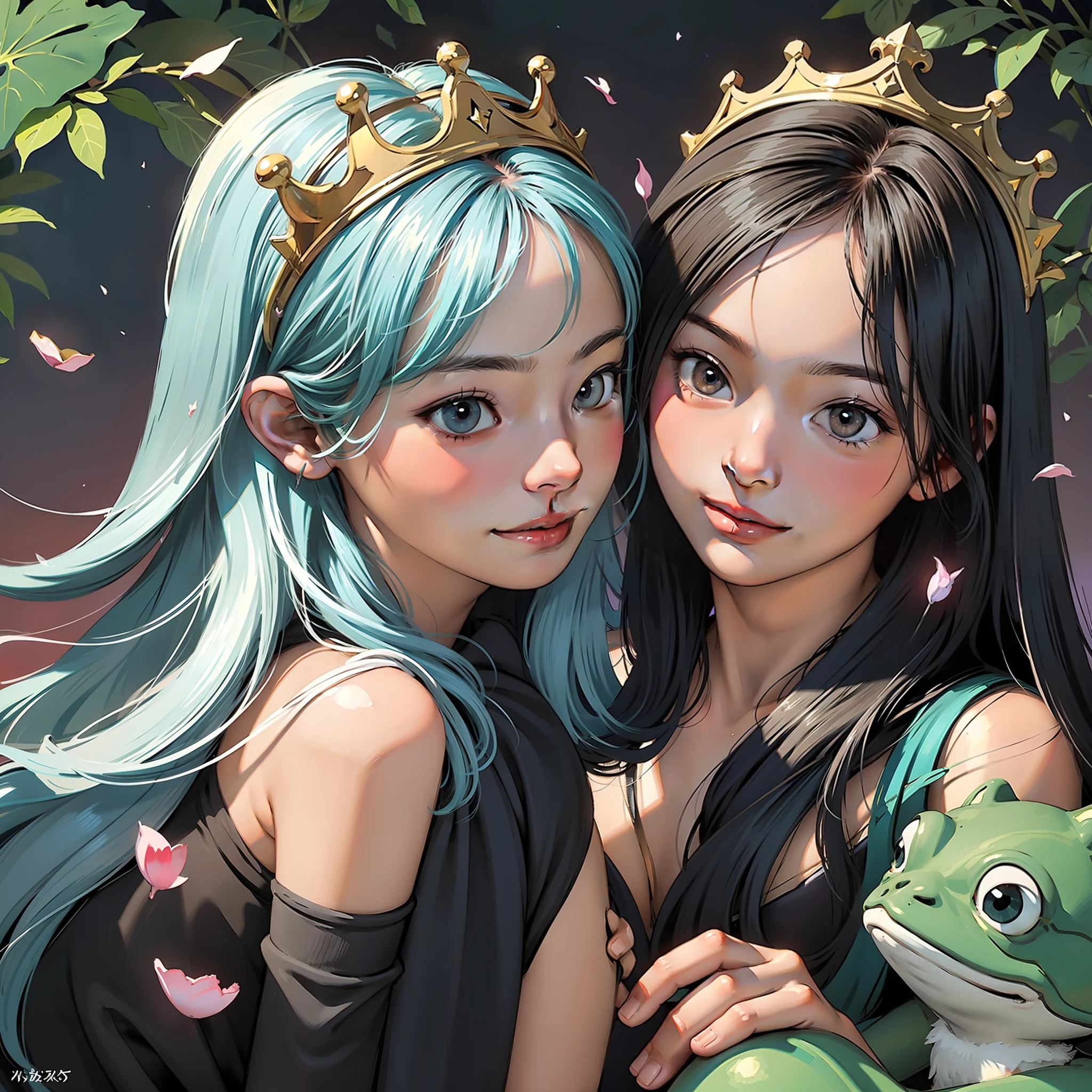 【Optimized Prompt】
Fairytales，Princess Snow White，Beautiful illustrations，Beautiful picture quality，softcolors，Warm light，It's like a dream，Eye-catching，Delicate emotions，romantic atmoshere，Elegant princess，Beautiful crown，Beautiful long hair，Clear eyes，Red lips smile，Kiss the frog，Magic mirror，blue gem，with petals falling，forest backgrou，Happy ending。