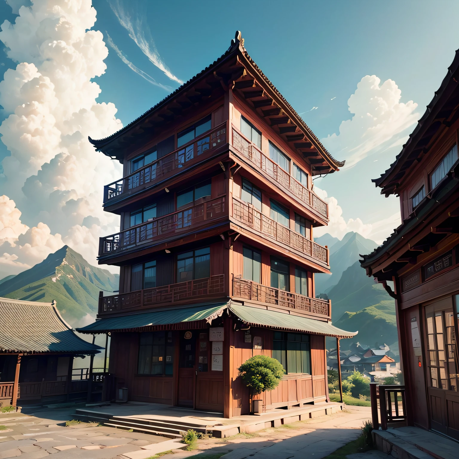 Ancient wind，Quaint，Chinese，Restaurant hostel，towering，The exterior of the entire building，wood，high rise，Located at the foot of the mountain，Individual building，with blue sky and white clouds