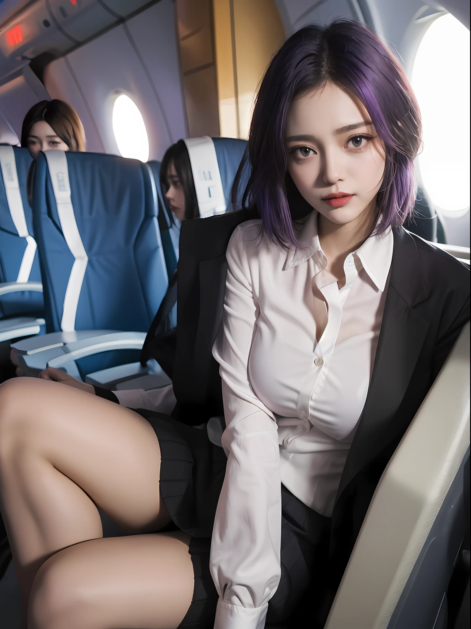 (Best quality: 1.1), (Realistic: 1.1), (Photography: 1.1), (highly details: 1.1), (1womanl), Airline flight attendants,Red coat,White shirt,Short skirt,black lence stockings,bent down,In the plane,KafkaHKS,Hong Kong,Purple eyes, Purple hair, eyewear on head, sunglasses,Large breasts,