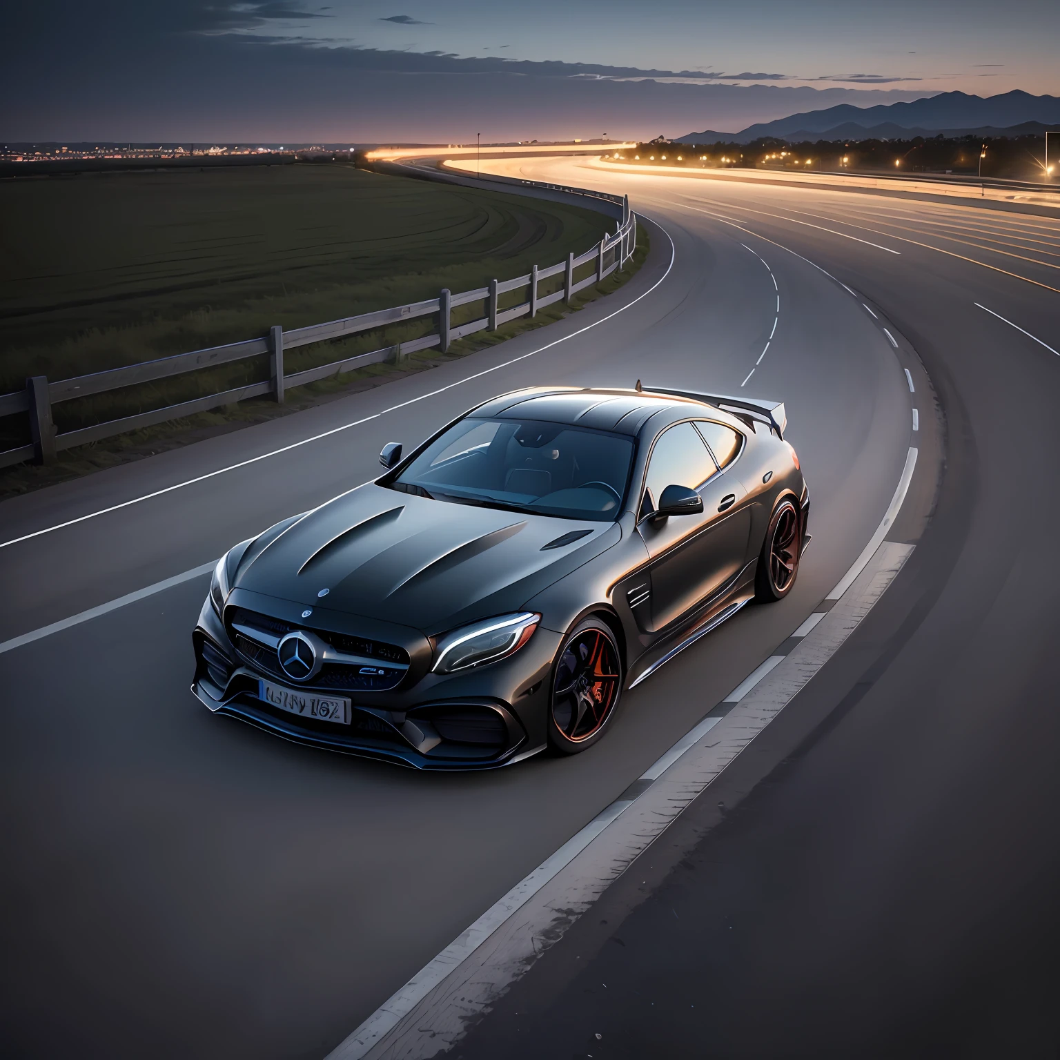 the wallpaper, Hyper-realistic, Mercedes-AMG Black Series, highway background, blue hour, monotone, 4K