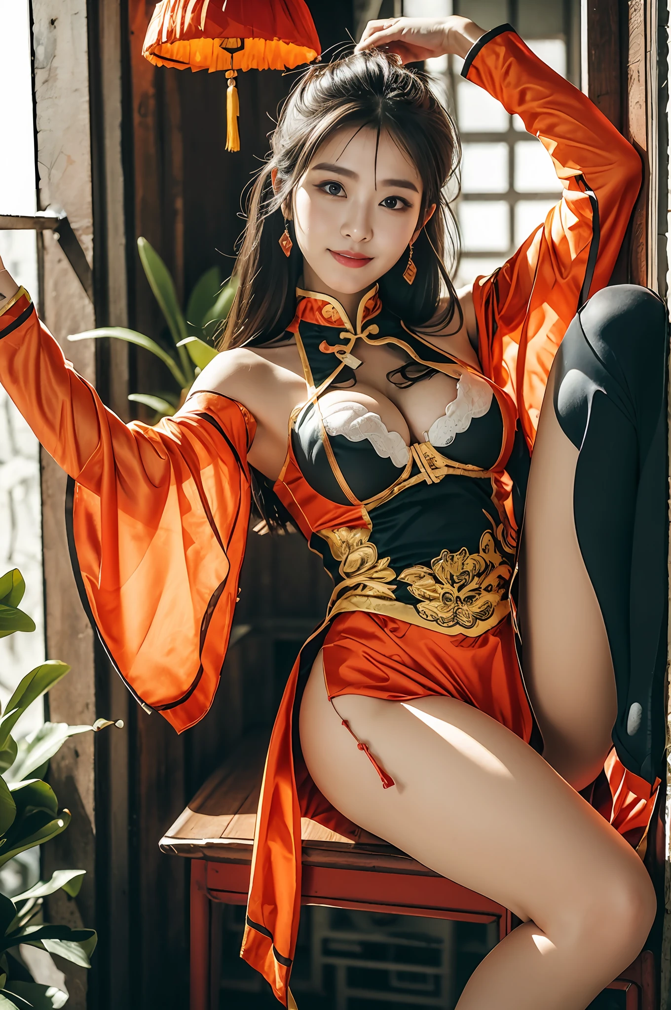 (((long Traditional Chinese costumes))),(((view full body))),(((Show cleavage))),(((bare inner thigh)))、(((show side breast))),(((detached sleeves))),(((over-kneehighs))),ulzzang-6500-v1.1, (Raw photo:1.2), (Photorealsitic:1.4), a beautiful detailed girl, extremely detailed eye and face, beautiful detailed eyes, ultra-detailed, High resolution, top-quality, ​masterpiece, ighly detailed, 8k wallpaper, magnifica, finely detail, top-quality, Light on the face,电影灯光,1girl in,(Kowloon City),Beautiful eyes,smile,Opening Mouth