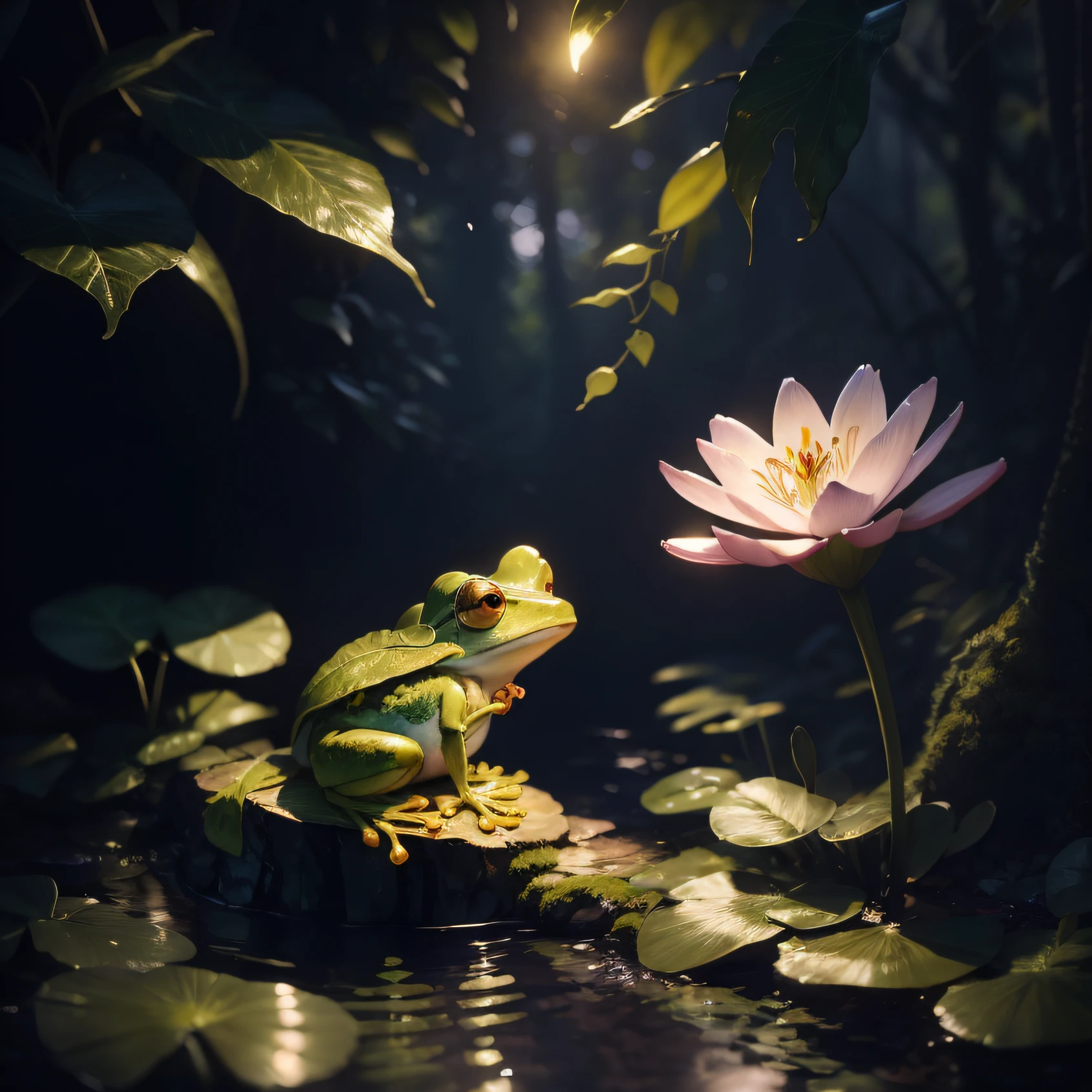 Masterpiece, best quality, (very detailed CG unity 8k wallpapers), (best quality), (best illustrations), (best shadows), forest theme with natural elements. In the beautiful natural scenery, imagine a cute little frog studying diligently. This adorable frog is sitting on a pink lily pad in a small pond. From afar, you can see light, white clouds drifting across the bright blue sky. The sounds of birds singing and insects chirping echo all around, creating a tranquil and peaceful atmosphere, (natural elements), (jungle theme), (leaves), (branches), ( fireflies), butterflies, (delicate leaves), (glow), (particle effects). , isometric 3D, Octane rendering, ray tracing, super detailed --auto