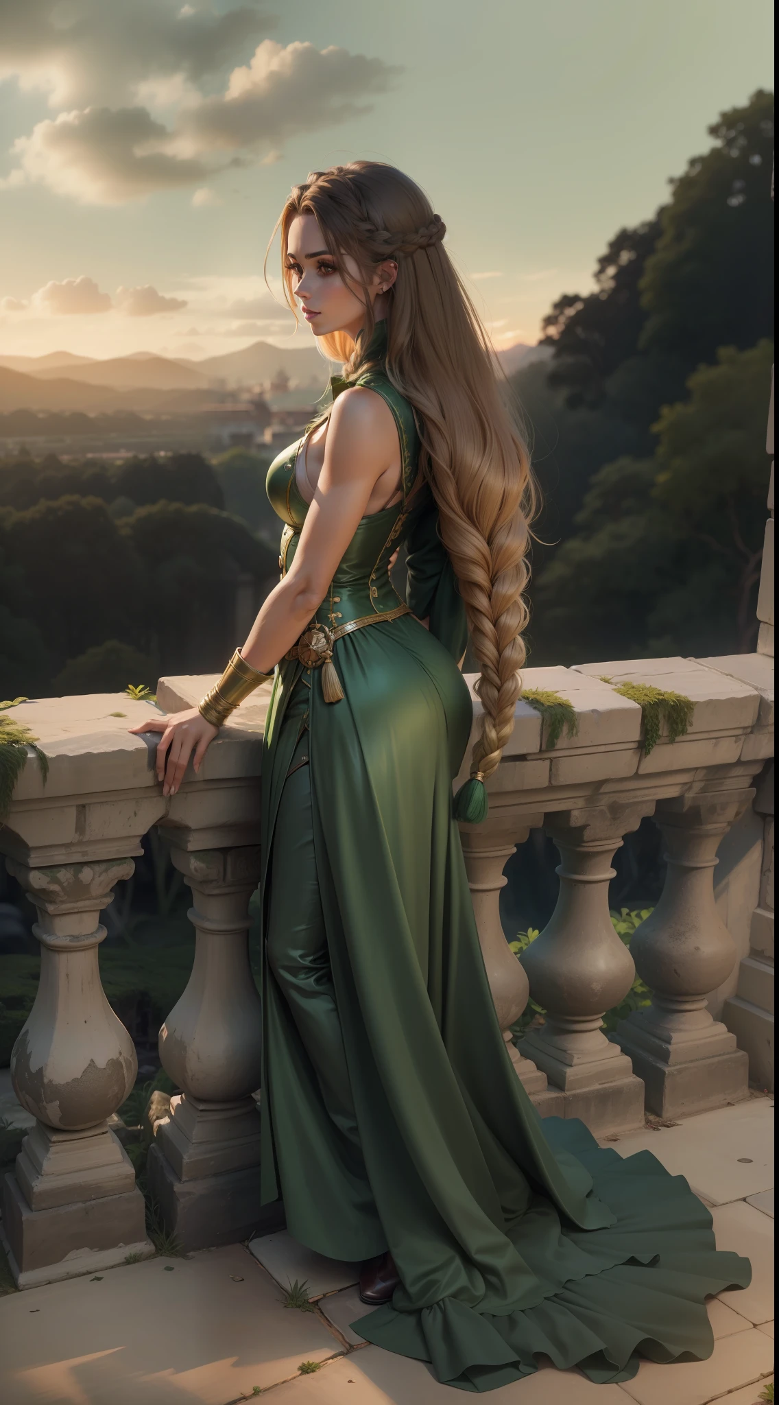 mulher loira, 25 anos, sensual, pele clara, cabelo dourado, (((cabelo loiro))), roupa verde, boina verde, cabelo longo, hair with long braid, menina bonita, 4k, qualidade alta, sun illumination, castlevania, de shortinho curto, shortinho verde, botas brancas, botas compridas, mostrando as coxas