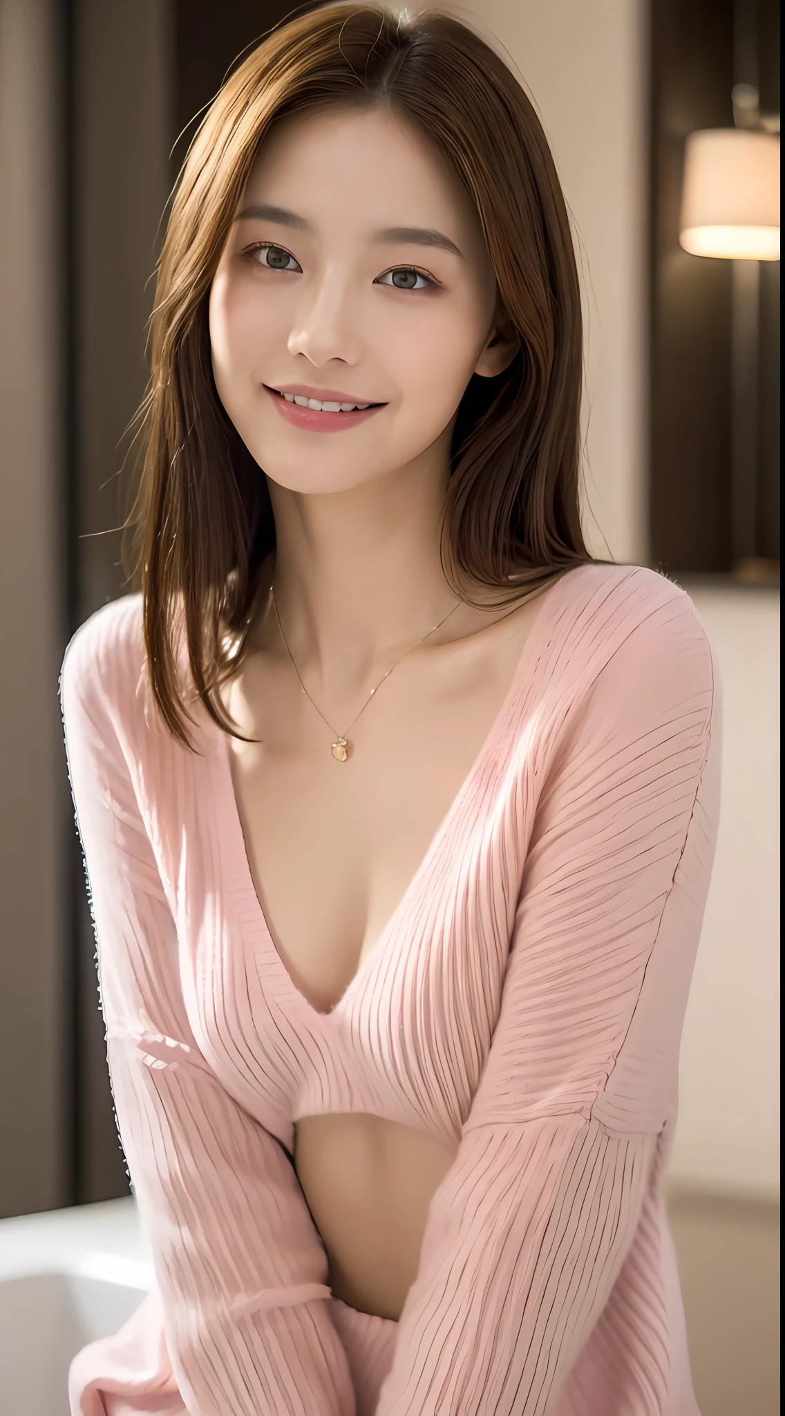 ((Night, Realistic Light, Best Quality, 8K, Masterpiece: 1.3)), 1girl, Slim Beauty: 1.4, Abs: 1.1, (Brown hair, Medium breasts: 1.3), Long pink sweater: 1.1, Bathroom, Super fine face, Delicate eyes, Double eyelids, smile, necklace
