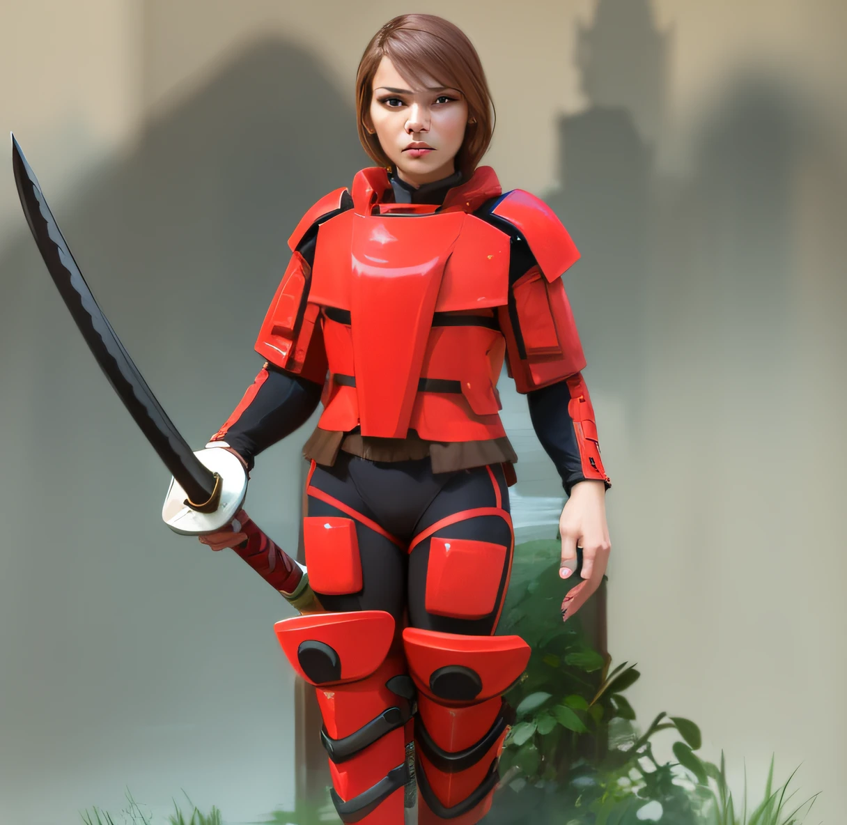 mulher ,europeia branca, armadura vermelha, Katana in right hand, cabelo marrom --auto