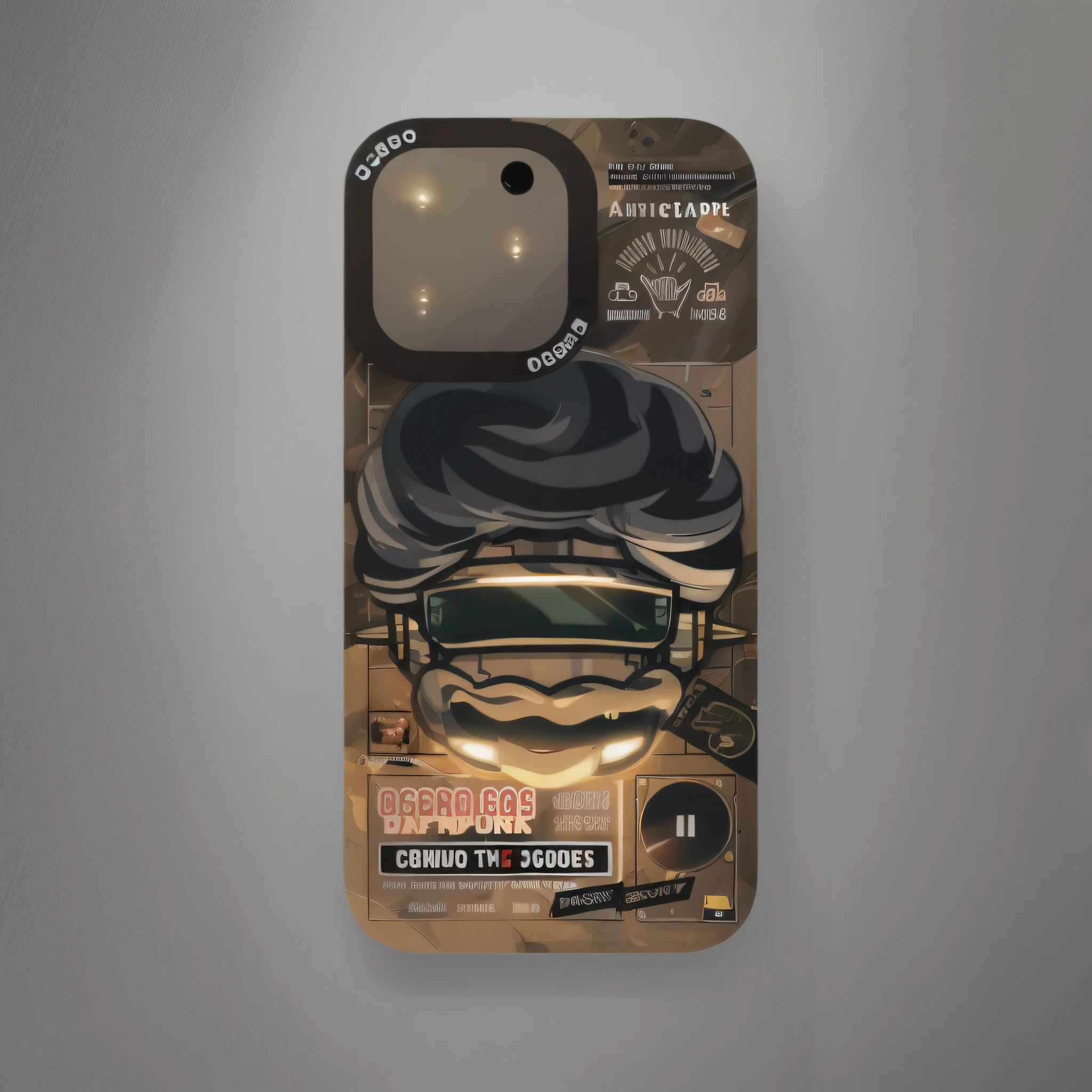 a close up of a cell phone case with a cartoon character,Close-up of phone case with chef photo, Official product image, iPhone 1 3 Pro Max, cell cover style, sony nicon iphone 1 3 pro max, 360º, Case, game case, h. Show on the. D, y 2 k, Y2K, 2 0 2 2, hand painted cartoon art style,Comic cover style,Cell lid style,trigger anime artstyle, 2 0 2 2 anime style,