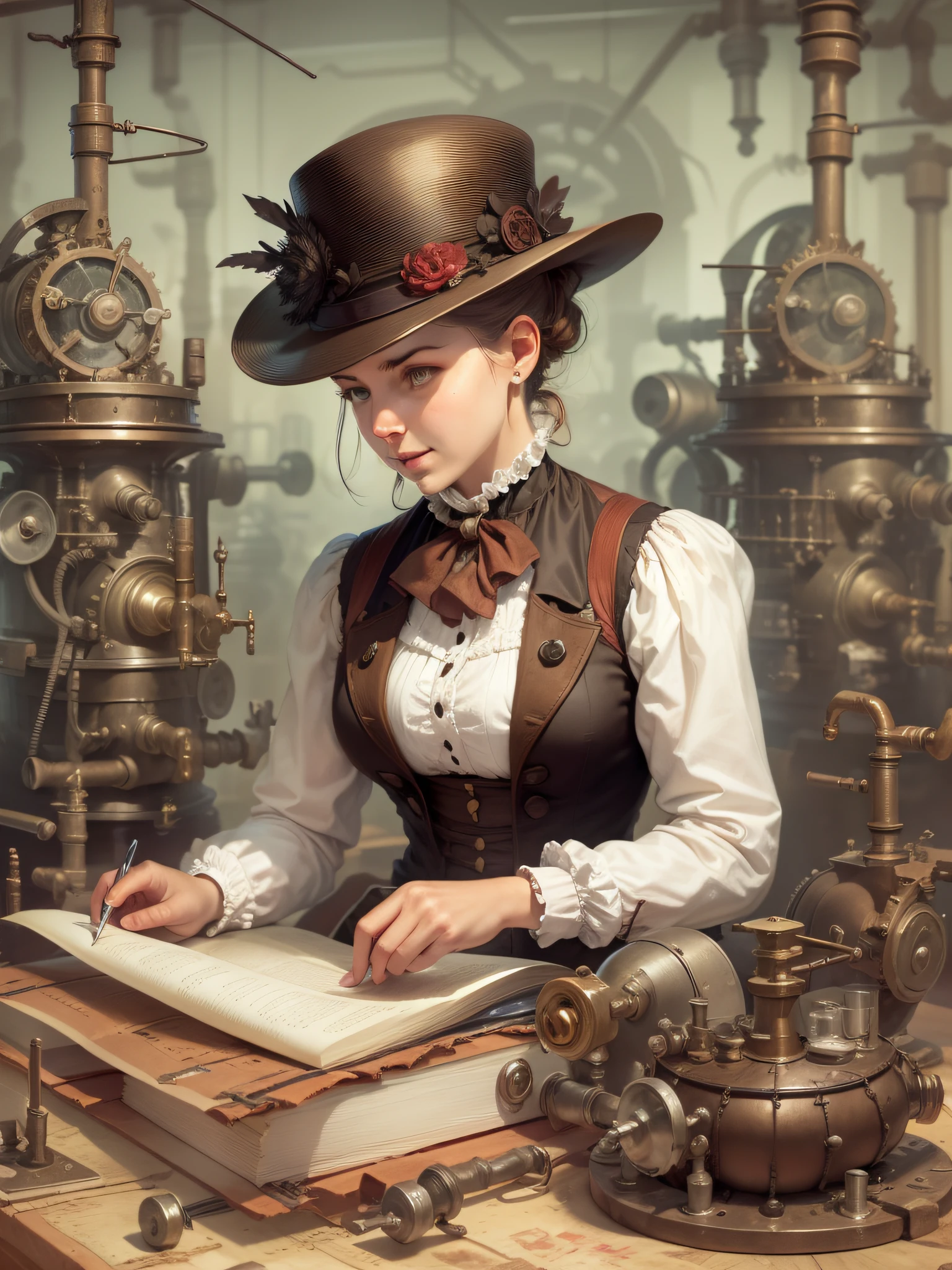 Entre na oficina de Amelia, a brilliant engineer who wears practical Victorian costumes while working on her latest invention. Steam-powered machines and design sketches reflect his pioneering contributions to the Industrial Revolution.