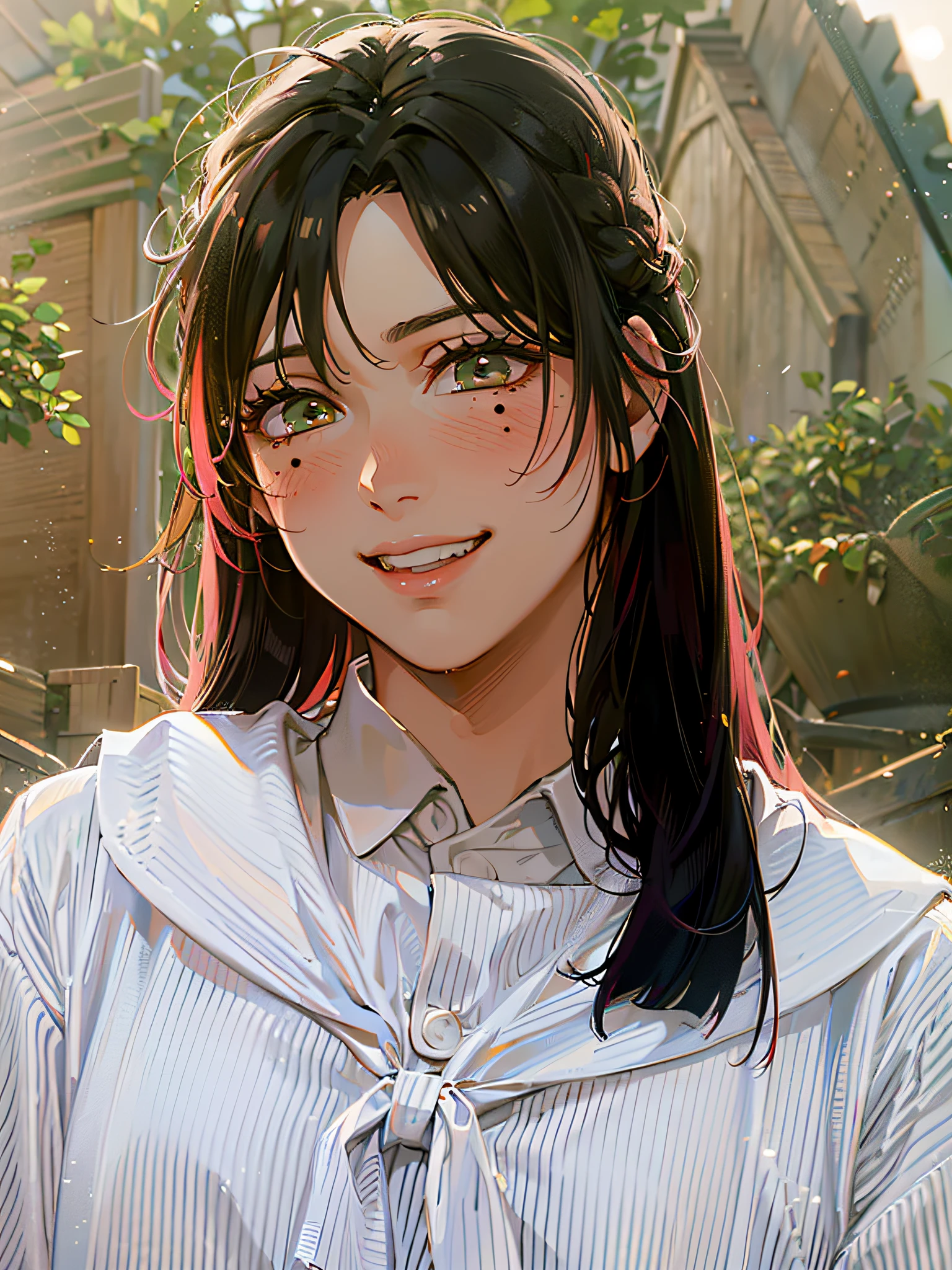 arafed asian woman with long hair wearing a white shirt,,(Masterpiece), (best detail), (Best quality), Detailed Facial Features, Porter Qualities of Beautiful Mizuru DS, Demon Slayer Uniform, Smile, Blush，Mole under the eye，(gradient hair color),Young and good-looking