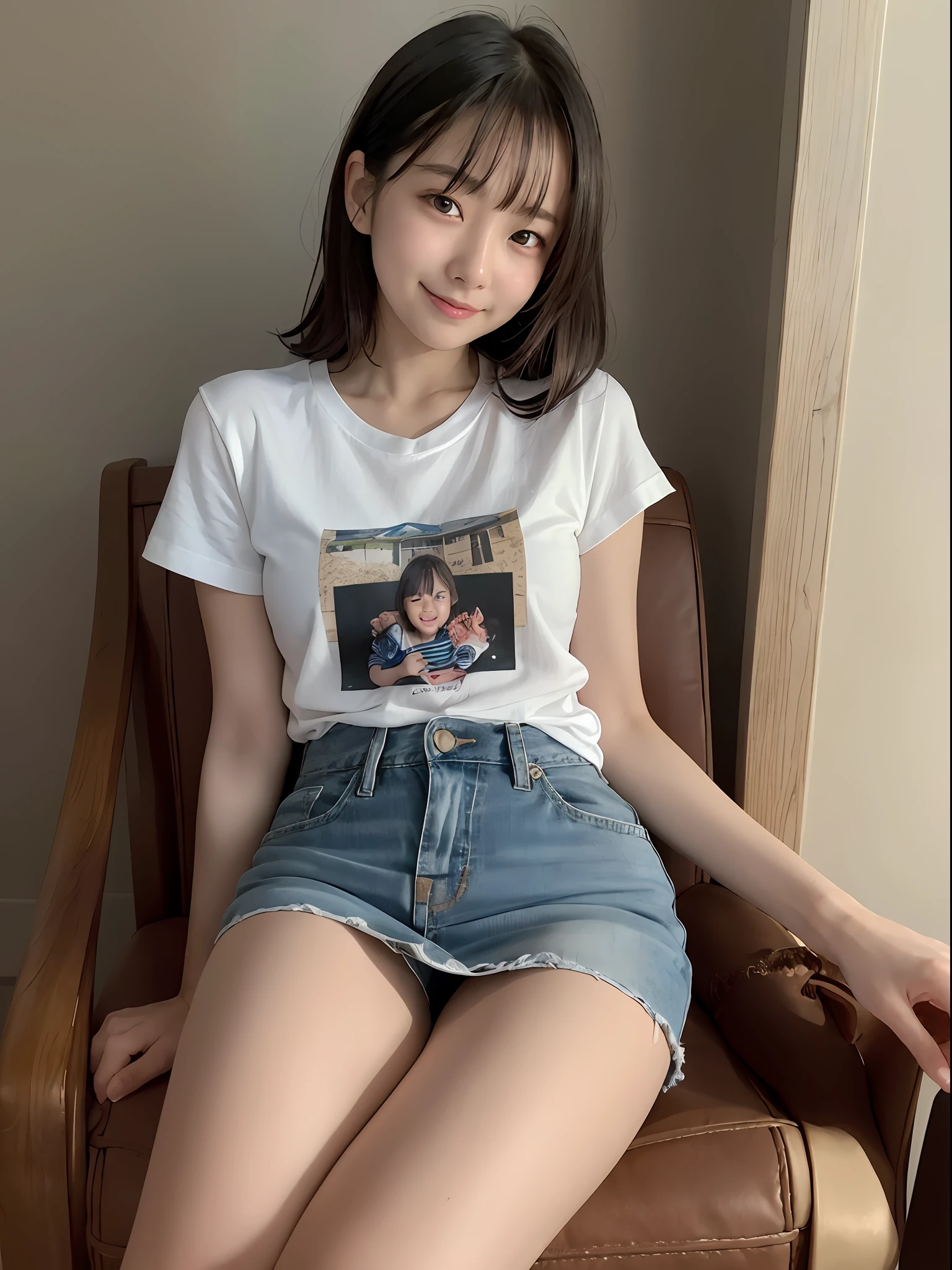 (top-quality、​masterpiece:1.5)、(Photo Real、intricate-detail:1.2)、超A high resolution、absurderes、
1girl in、25-year-old girl、Idol-like face、Facial light、blush of the nose、
tshirts、Mini skirt 15cm above the knee、
A smile、Small dimples、
Slim waist、Slim Leg、Long leg、
slender and very slender body,,,,,、
shinny skin、Authentic skin texture、
Open Cafe、Sitting on a chair、Ice Cafe in hand、natural soft light、The best lighting、细致背景、detailed shadow、foco nítido、Depth of field f / 2、
saturated、highly contrast、Strong light and shadow