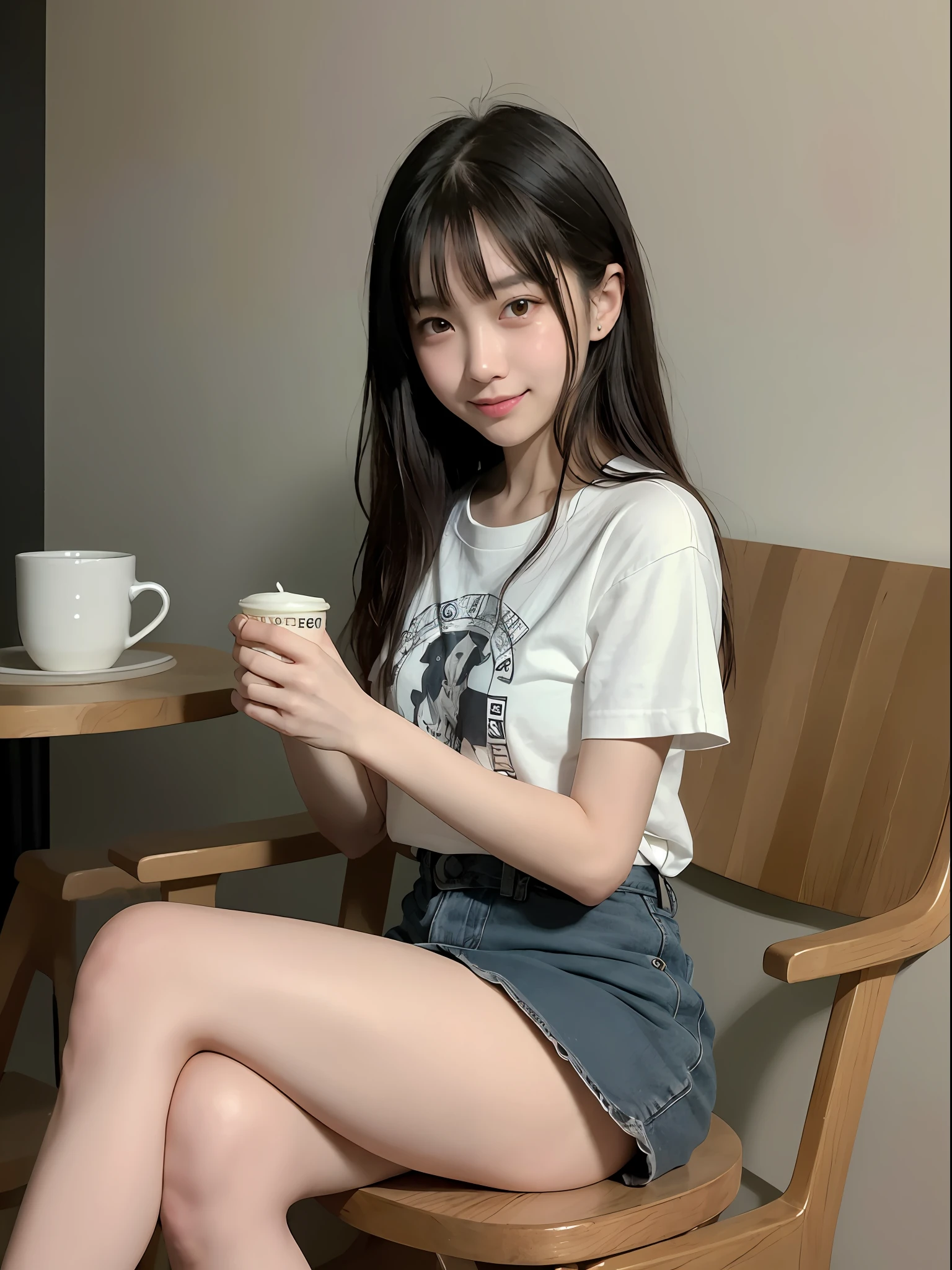 (top-quality、masterpiece:1.5)、(Photo Real、intricate-detail:1.2)、超A high resolution、absurderes、
1girl in、25-year-old girl、Idol-like face、Facial light、blush of the nose、
tshirts、Mini skirt 15cm above the knee、
A smile、Small dimples、
Slim waist、Slim Leg、Long leg、
slender and very slender body,,,,,、
shinny skin、Authentic skin texture、
Open Cafe、Sitting on a chair、Ice Cafe in hand、natural soft light、The best lighting、细致背景、detailed shadow、foco nítido、Depth of field f / 2、
saturated、highly contrast、Strong light and shadow