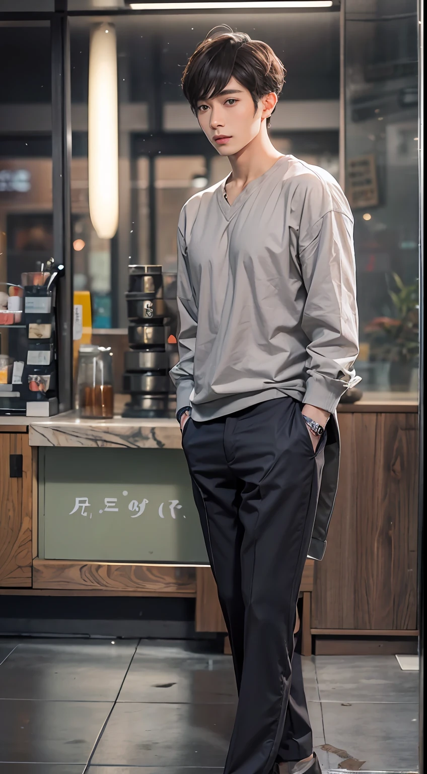 The handsome guy is ready to go buy milk tea，the night，Facial suspicion，30 age old，Realiy，short detailed hair，