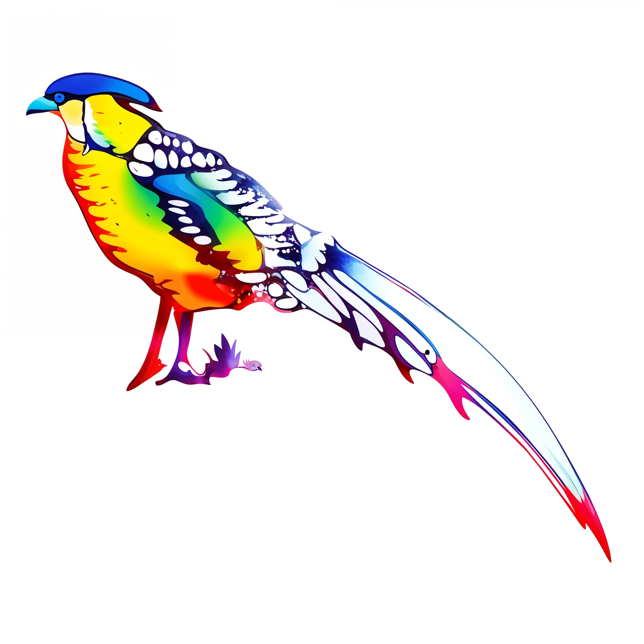 There is a red and blue bird,White body and wings, pararel, quetzal, Pheasant with sword, A phoenix, colorful bird with a long, bird's eyes view, Parrot, digital painted, A illustration, illustration, [ Colourful, digitally colored, avian, author:Daniel Mijtens, vibrant with colors, surrealistic bird