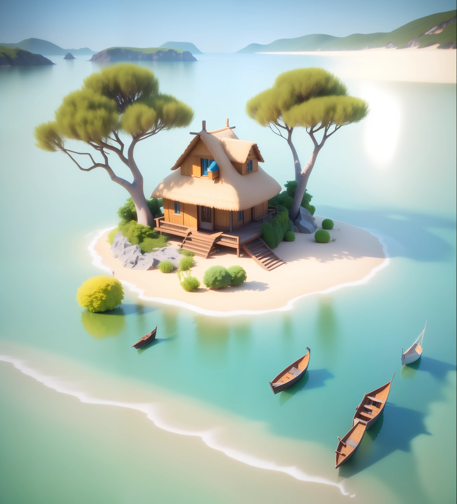 There is an island,There is a thatched hut and a boat, 3 d render stylized, stylized 3d render, stylized as a 3d render, gorgeous 3d render, Rendered in Cinema4D, rendered in cinema 4 d, cute 3 d render, beautiful 3d render, Island background, Stylized 3 D, 3 d stylize scene