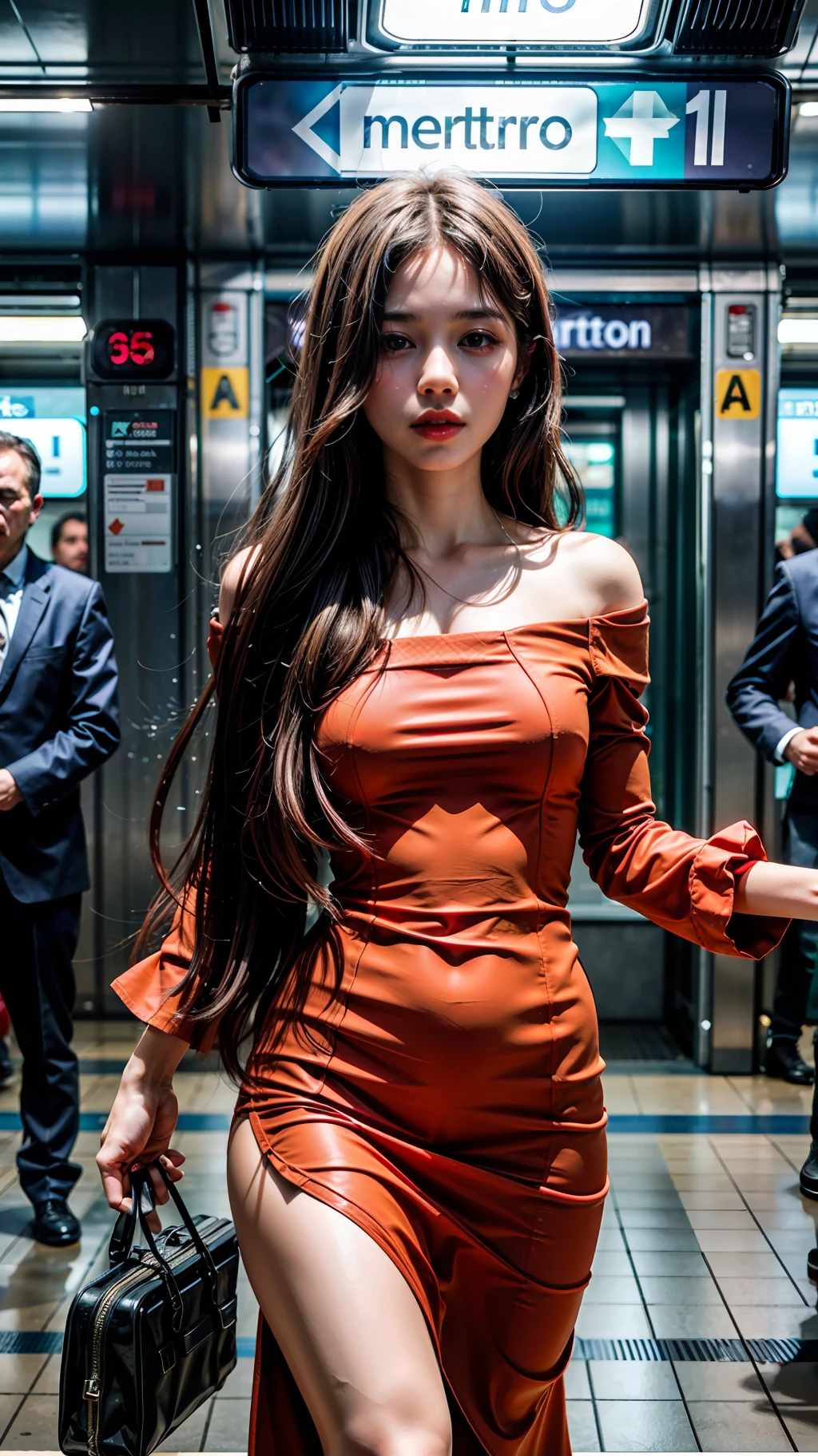 (1girl), solo, greece, long_hair, wearing(orange-dress, puff_sleeves), photo(medium-shot), standing, background(futuristic-metro_station, blurry:1.55), (photorealistic, absurdres, best_quality),