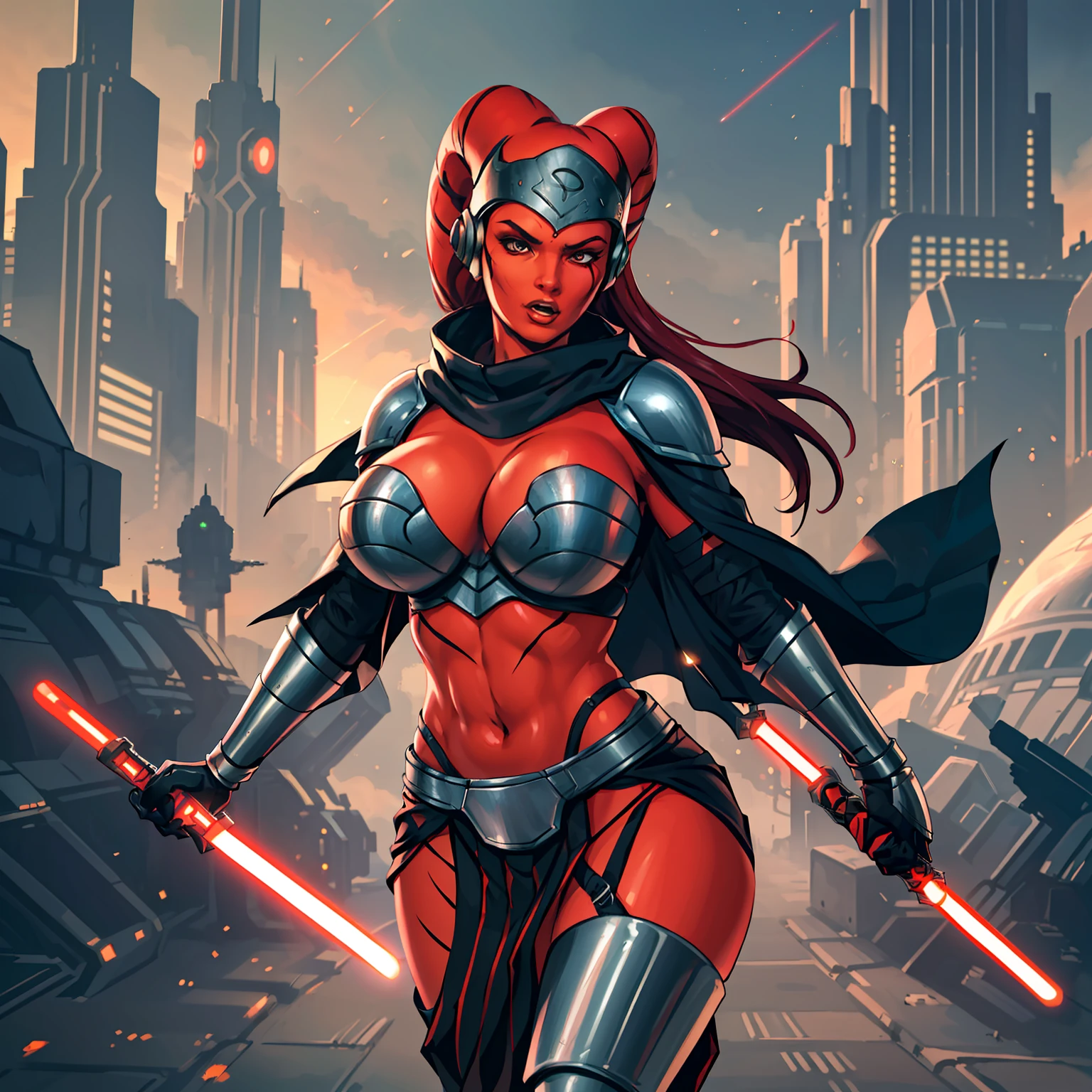 action shot, running, sprinting, lasers, busty, masterpiece, best quality, highly detailed, award winning, high definition, ((red skin), twi'lek), dual red lightsabers, evil space knight, space ninja, (black robes, black stealth armor, breastplate, tunic, tabard, cowl, cloak, body glove, straps, buckles, skirts, long sleeves, fantasy, ((armor))), ((busty), slender body, thin, slim sexy body, slim waist, (((huge breasts)))), Imperial starship, Star Wars,
