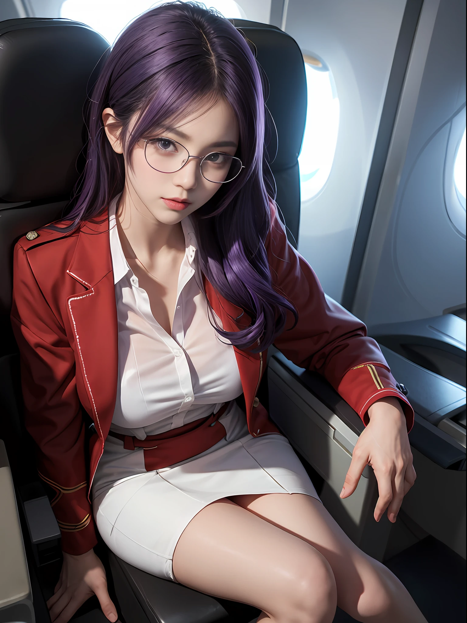 (Best quality: 1.1), (Realistic: 1.1), (Photography: 1.1), (highly details: 1.1), (1womanl), Airline flight attendants,Red coat,White shirt,Short skirt,black lence stockings,bent down,In the plane,KafkaHKS,Hong Kong,Purple eyes, Purple hair, eyewear on head, sunglasses,Large breasts,