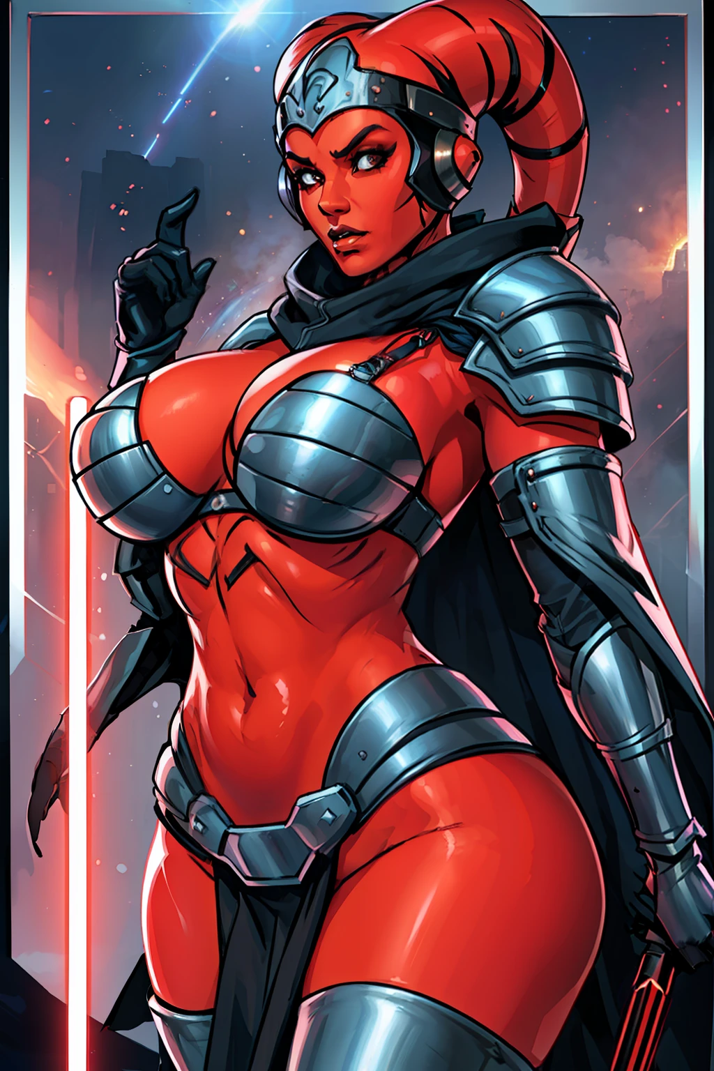 busty, masterpiece, best quality, highly detailed, award winning, high definition, ((red skin), twi'lek), dual red lightsabers, evil space knight, space ninja, (black robes, black stealth armor, breastplate, tunic, tabard, cowl, cloak, body glove, straps, buckles, skirts, long sleeves, fantasy, ((armor))), ((busty), slender body, thin, slim sexy body, slim waist, (((huge breasts)))), Imperial starship, Star Wars,