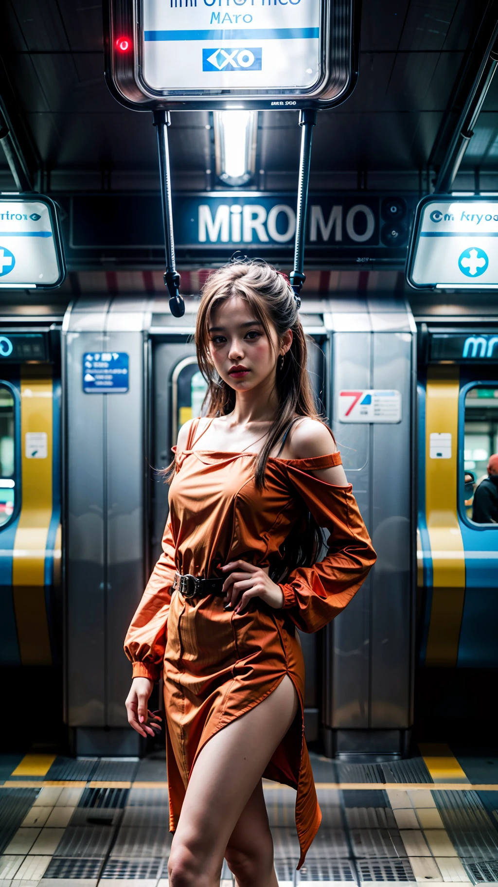 (1girl), solo, greece, long_hair, wearing(orange-dress, puff_sleeves), photo(medium-shot), standing, background(futuristic-metro_station, blurry:1.55), (photorealistic, absurdres, best_quality),