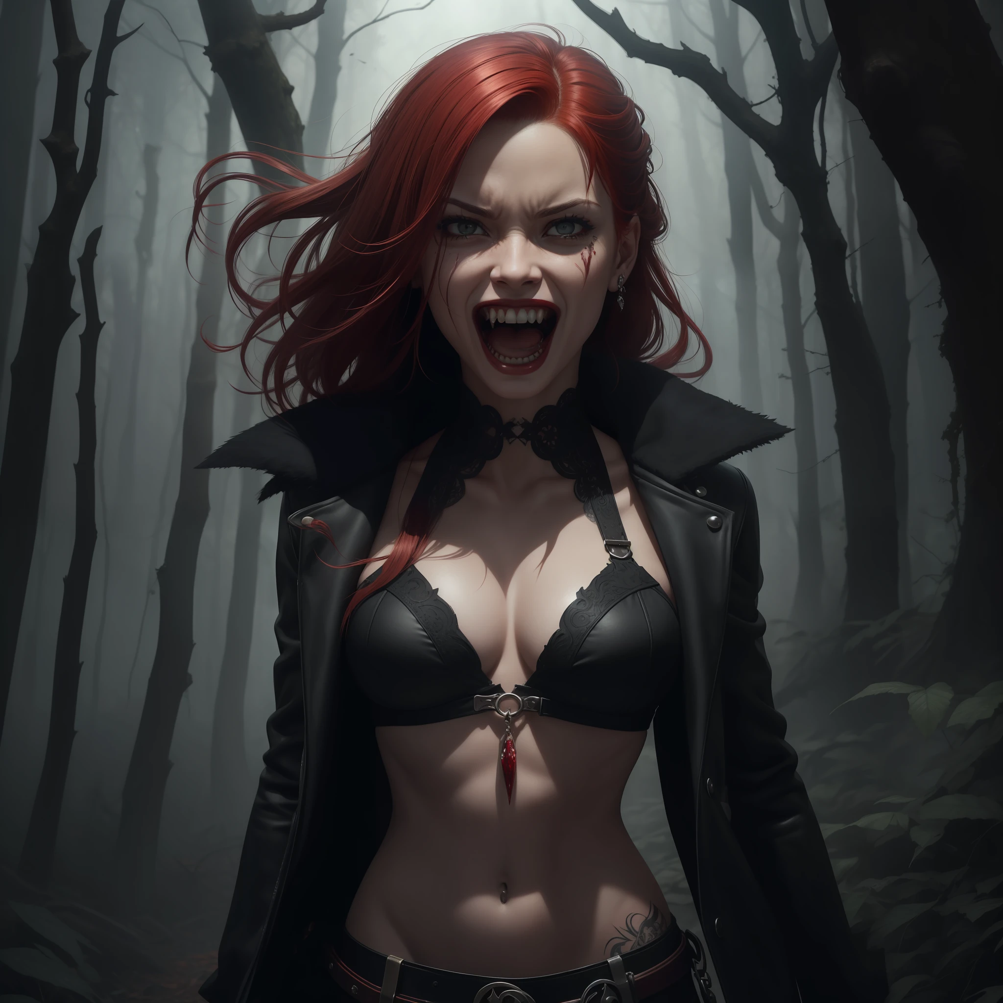 ((Masterpiece)), ((She is sexy and sensual)), ((her hair is red and metallic)), ((((she is laughing at hate)))), (((Your mouth is very open))), A beautiful tattooed and fierce witch, She is wearing small and tight clothes, her tattoos are terrifying, (She is fierce, she is hateful, she will attack you), She is in a dark forest with fog, She is looking at you, She brings ferocity in her gaze, she has fixed eyes on you, ((art by Akihiko Yoshida)), Masterpiece, better quality, clear focus, dynamic pose, cinematic lighting, Sinister, dark, scary, macabre, obscure, terrifying, chilling, silly, terrible, haunted, bad, supernatural, dark, mysterious, bleeding, horrifying, disturbing, shocking, grotesque, hideous, harmful, agonizing, marcid, nightmare, morbid, unsettling